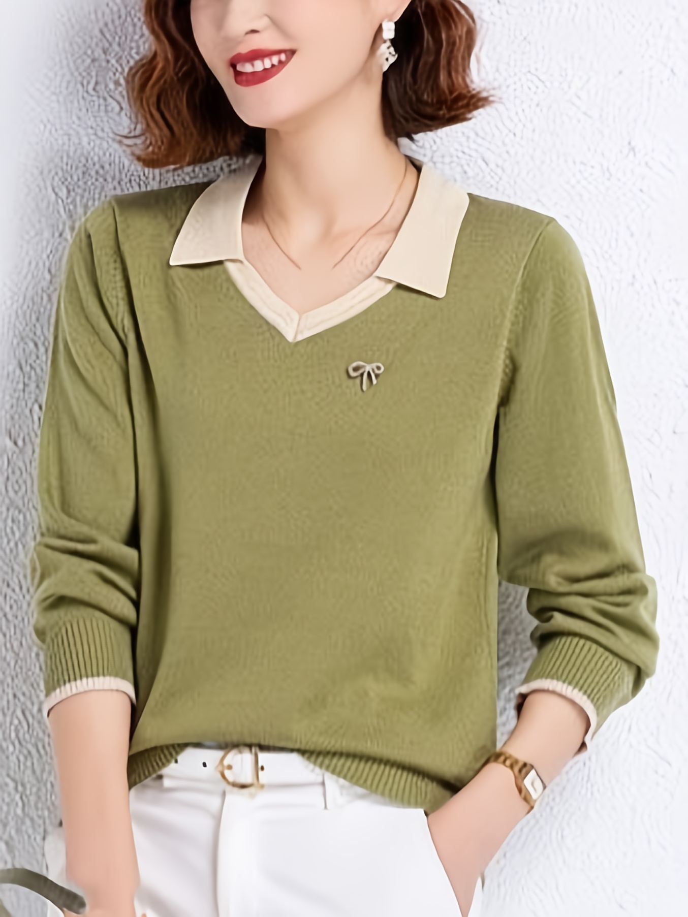 notched collar knitted sweater casual long sleeve versatile sweater womens clothing details 5