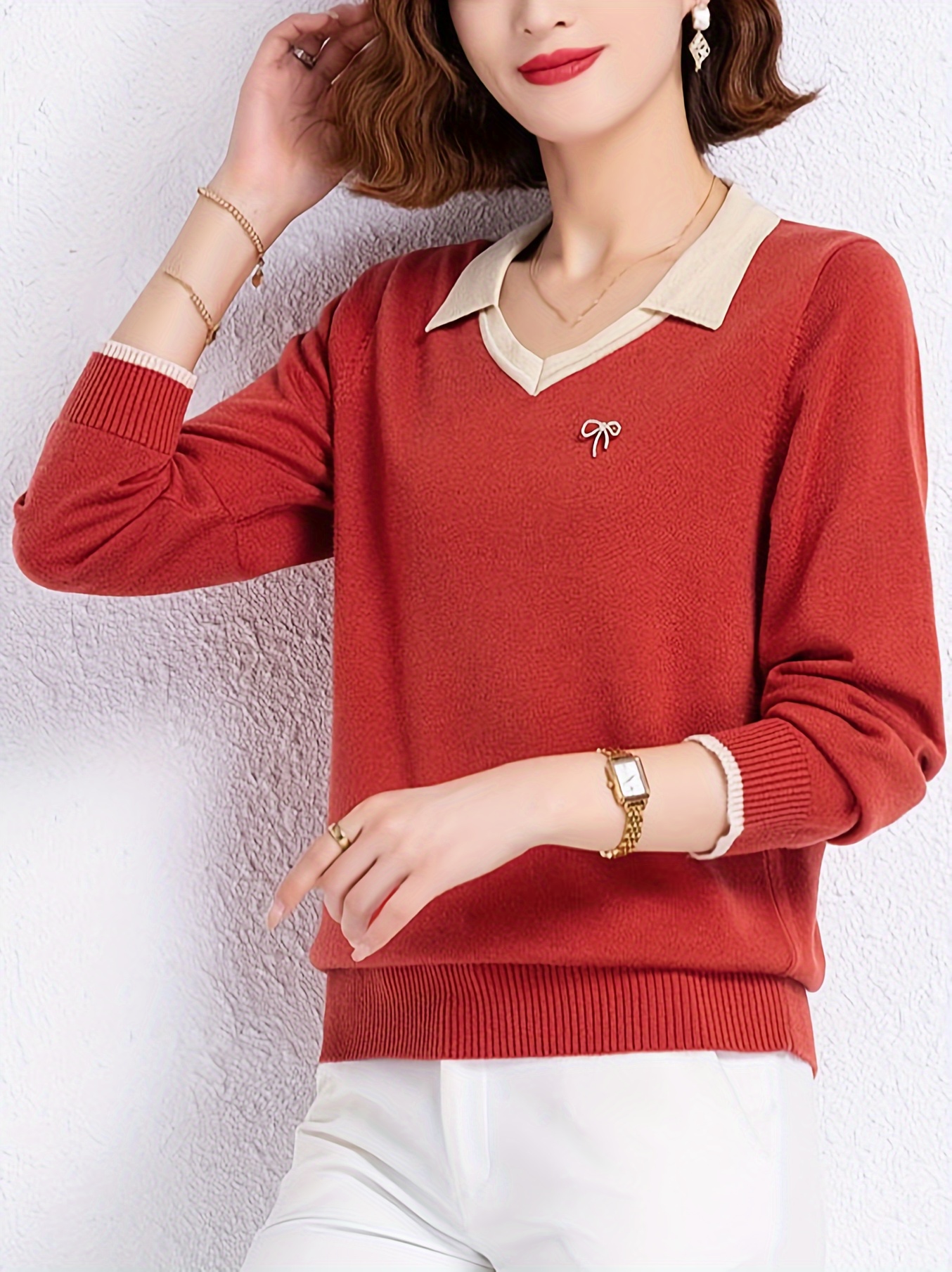 notched collar knitted sweater casual long sleeve versatile sweater womens clothing details 6