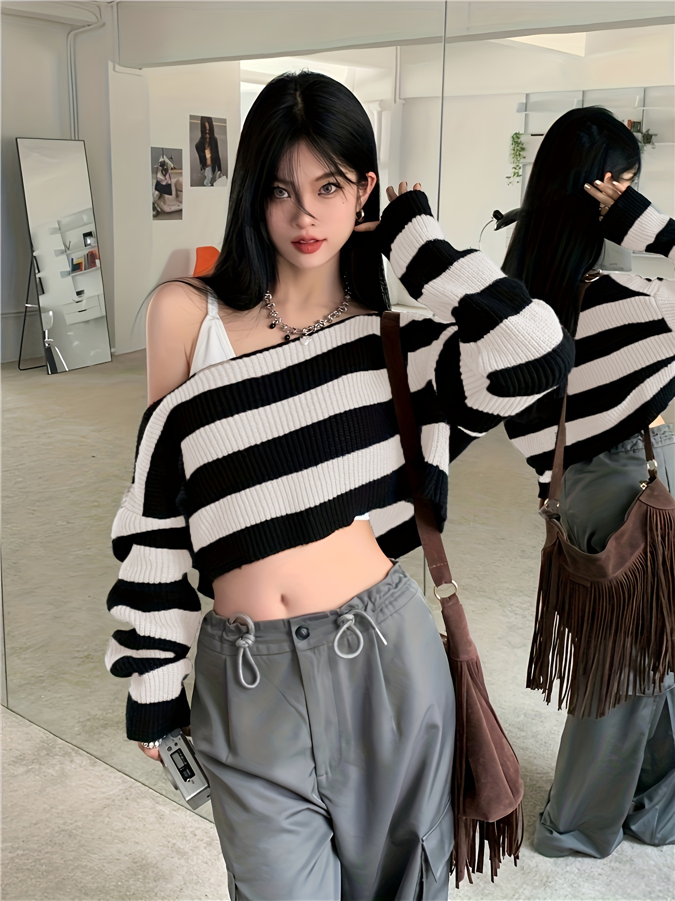 striped off shoulder knitted top casual long sleeve crop sweater for spring fall womens clothing details 0