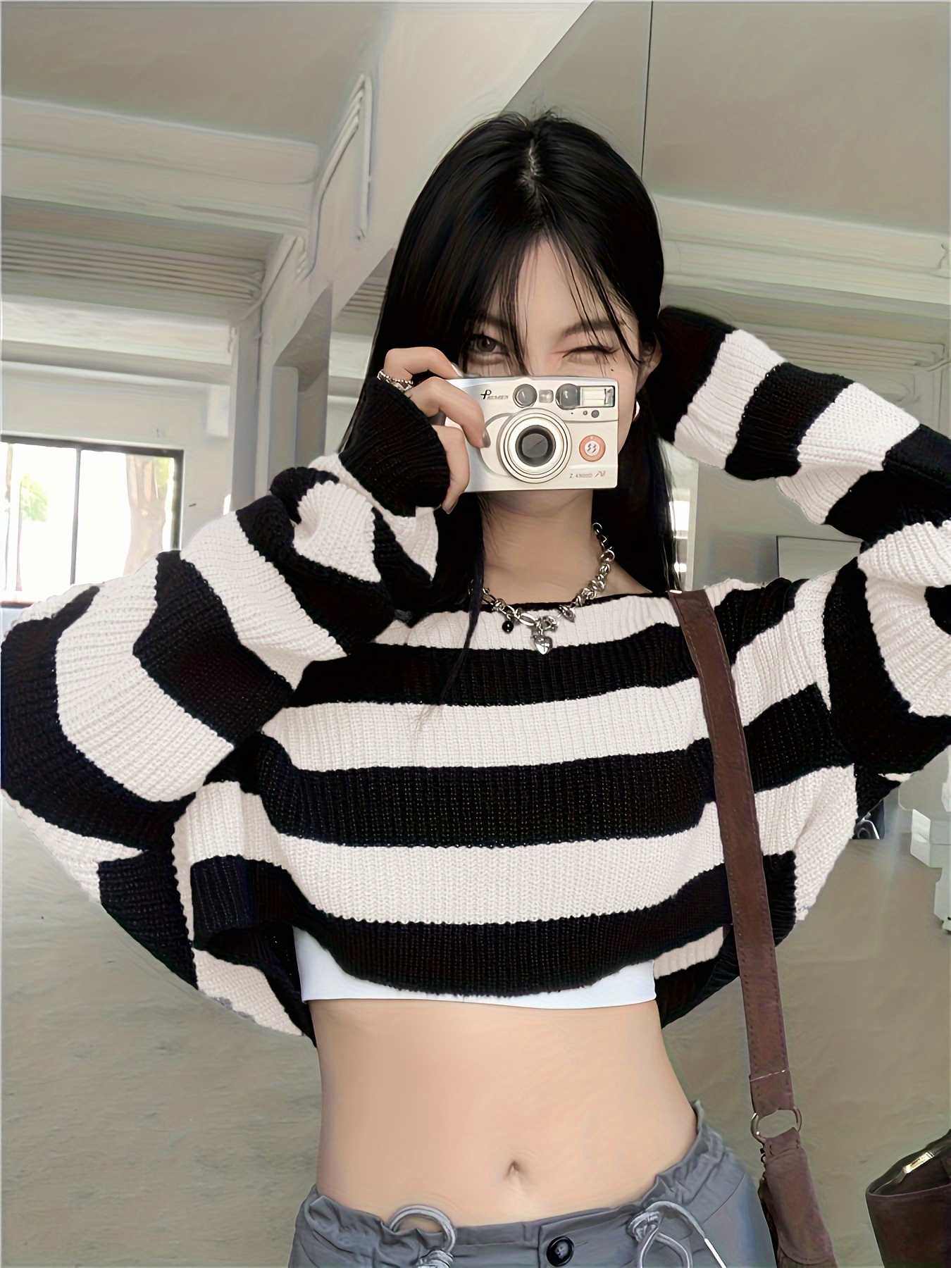 striped off shoulder knitted top casual long sleeve crop sweater for spring fall womens clothing details 2