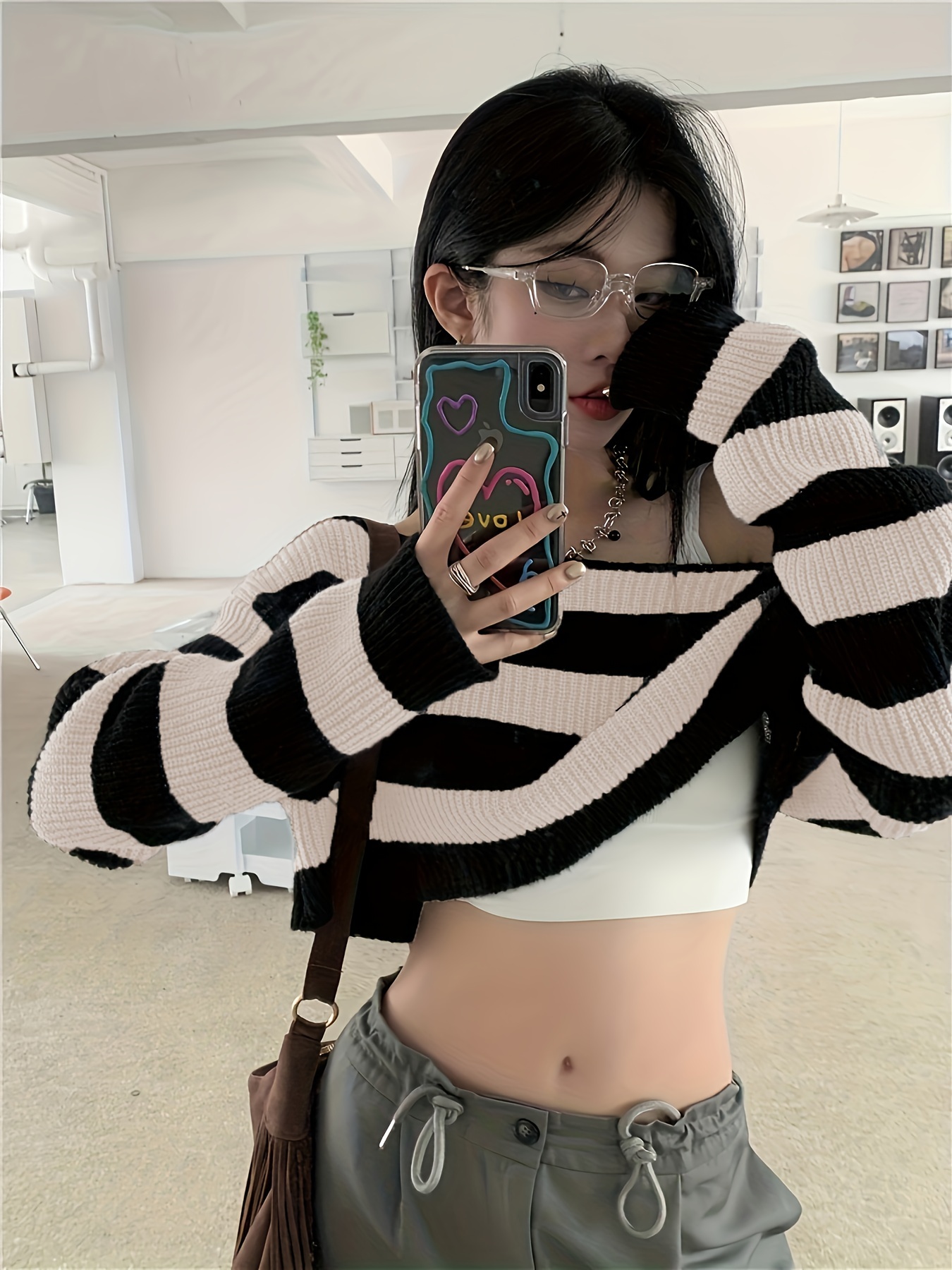 striped off shoulder knitted top casual long sleeve crop sweater for spring fall womens clothing details 4