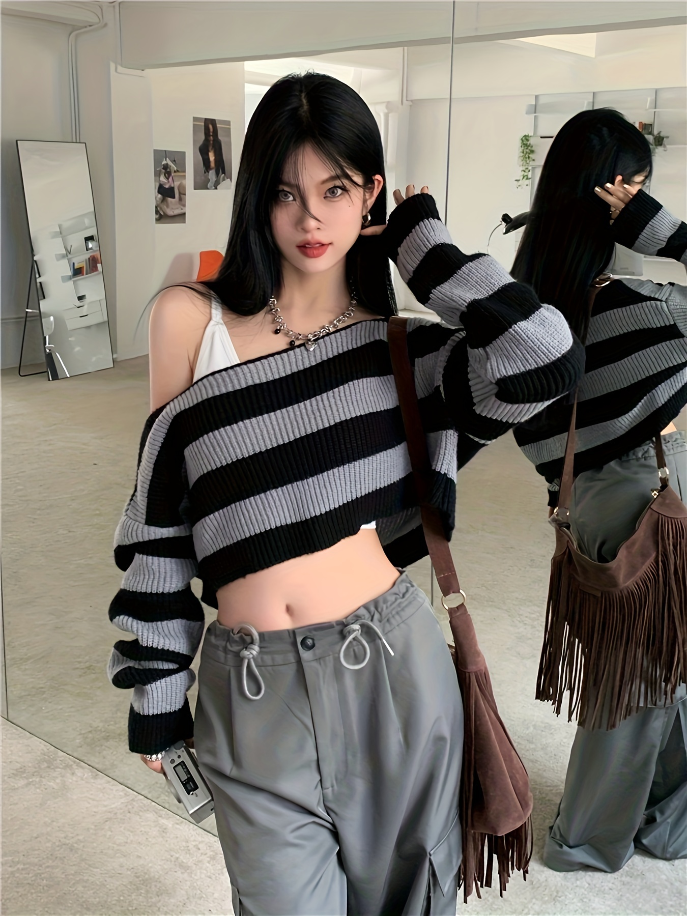 striped off shoulder knitted top casual long sleeve crop sweater for spring fall womens clothing details 8