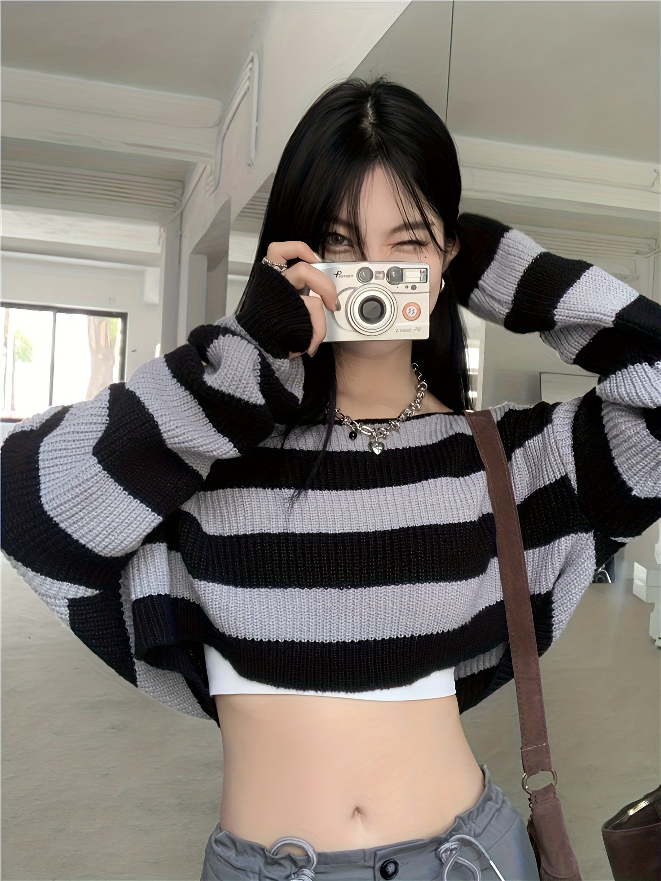 striped off shoulder knitted top casual long sleeve crop sweater for spring fall womens clothing details 9