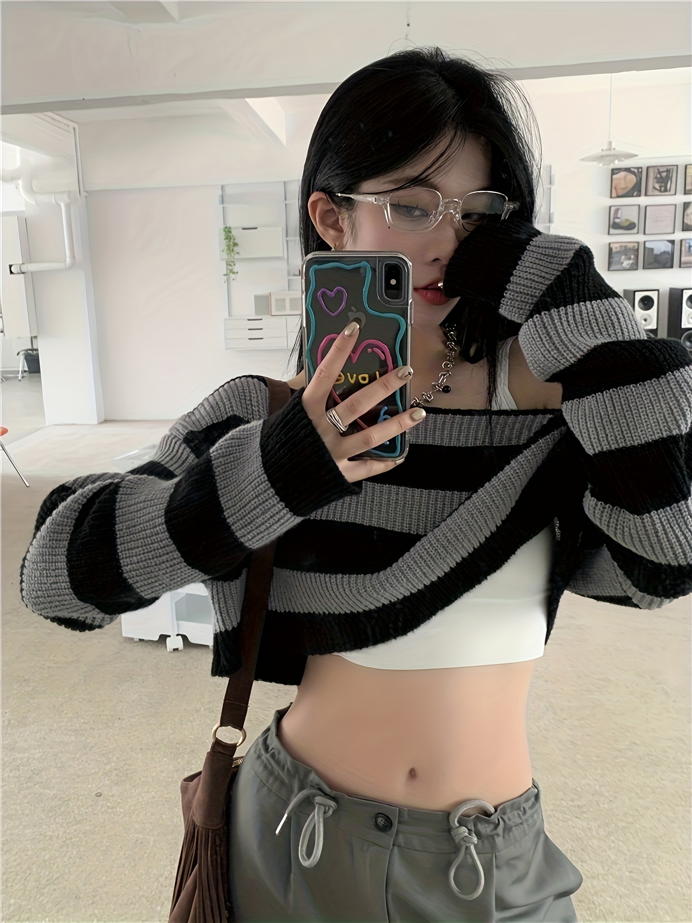 striped off shoulder knitted top casual long sleeve crop sweater for spring fall womens clothing details 10