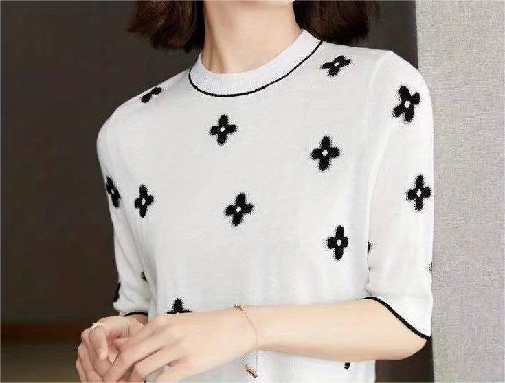 valentines day floral print knit sweater casual crew neck half sleeve sweater for spring summer womens clothing details 1