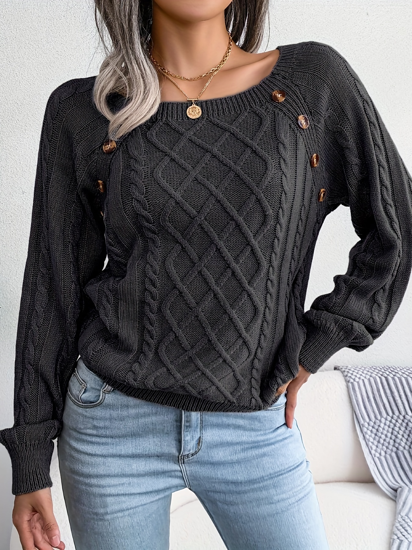 solid cable knit sweater casual crew neck long sleeve sweater womens clothing details 0