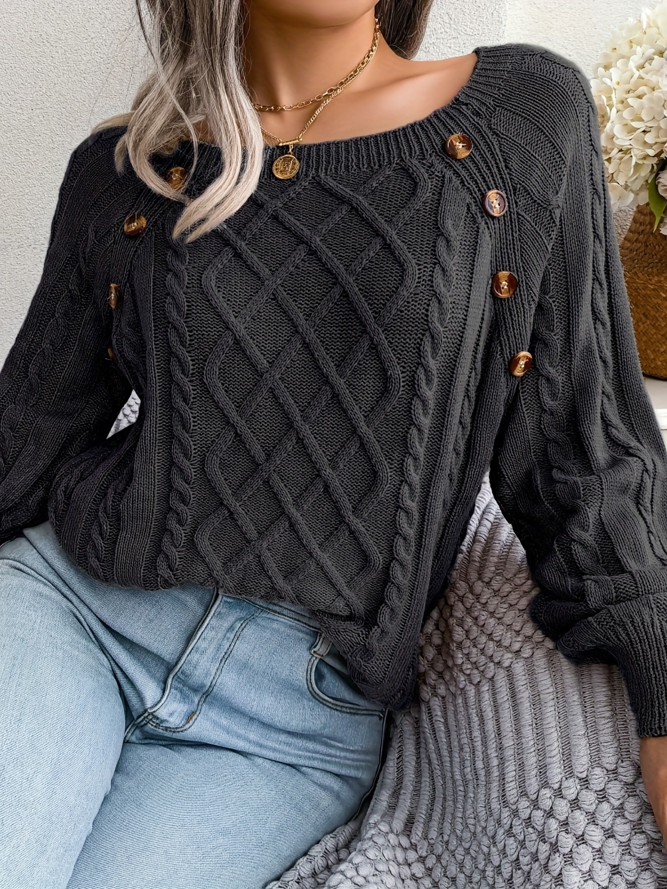 solid cable knit sweater casual crew neck long sleeve sweater womens clothing details 2