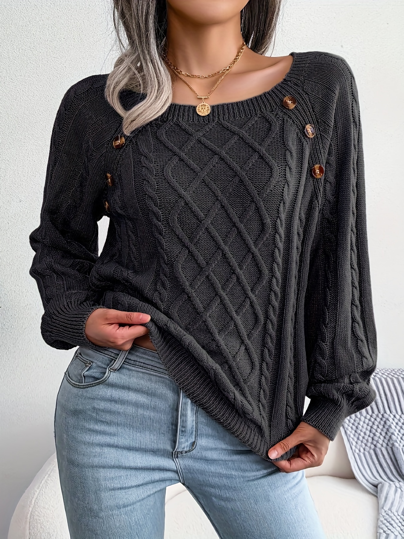 solid cable knit sweater casual crew neck long sleeve sweater womens clothing details 4