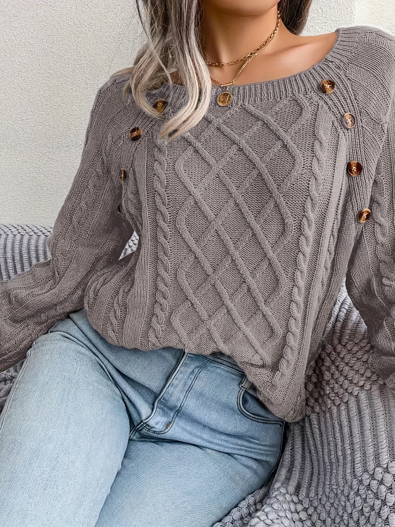 solid cable knit sweater casual crew neck long sleeve sweater womens clothing details 6