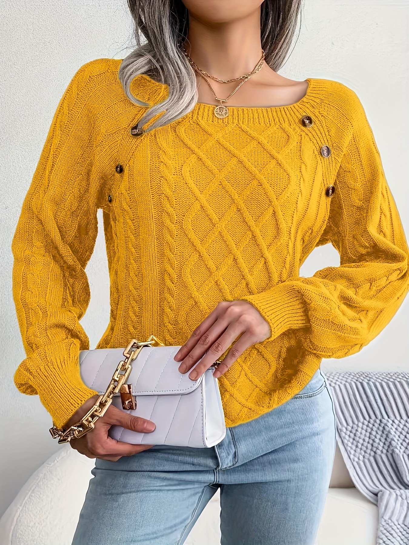 solid cable knit sweater casual crew neck long sleeve sweater womens clothing details 14