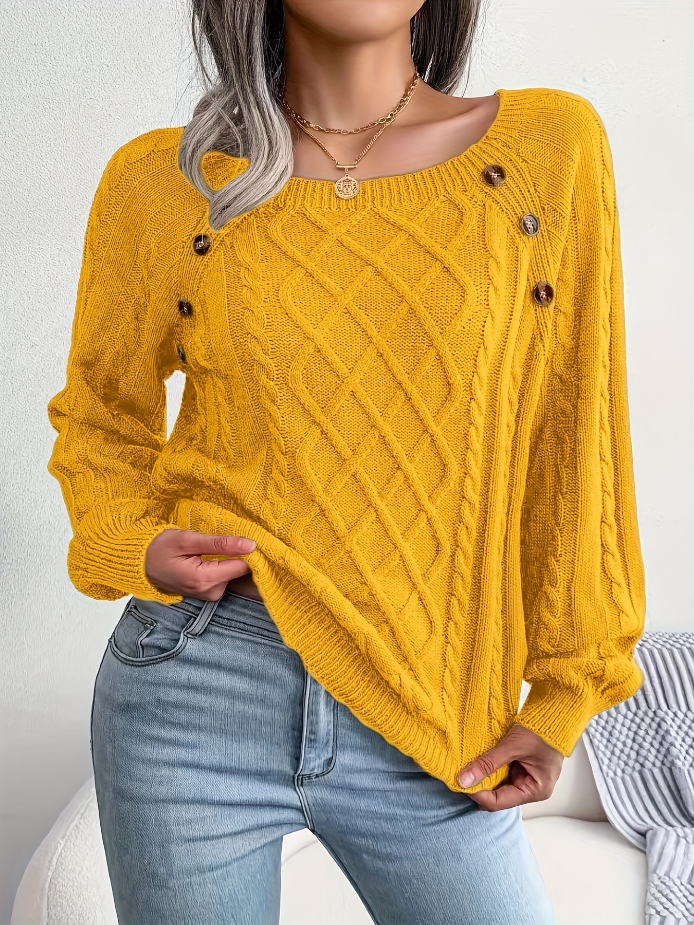 solid cable knit sweater casual crew neck long sleeve sweater womens clothing details 15