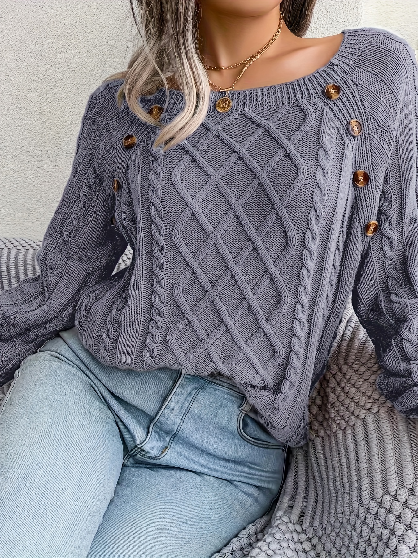 solid cable knit sweater casual crew neck long sleeve sweater womens clothing details 17