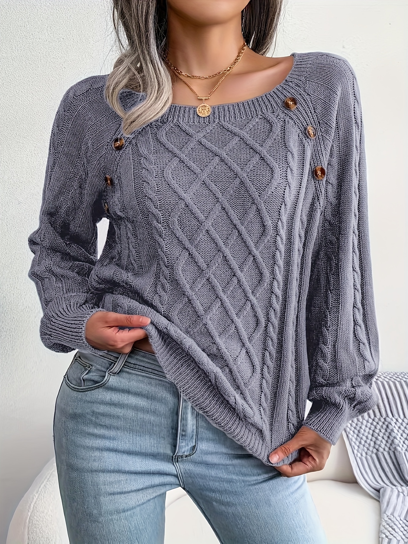 solid cable knit sweater casual crew neck long sleeve sweater womens clothing details 20