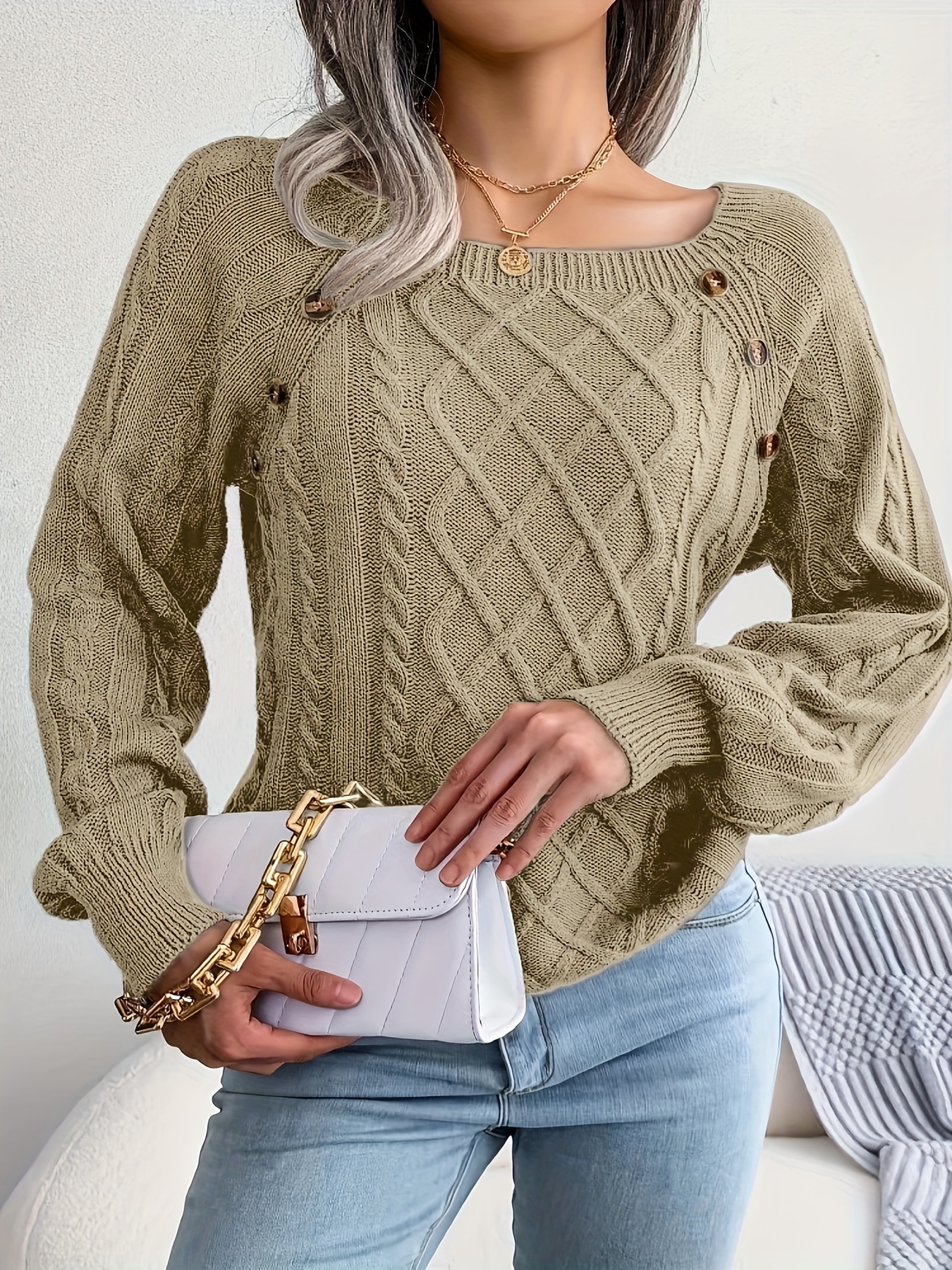 solid cable knit sweater casual crew neck long sleeve sweater womens clothing details 23