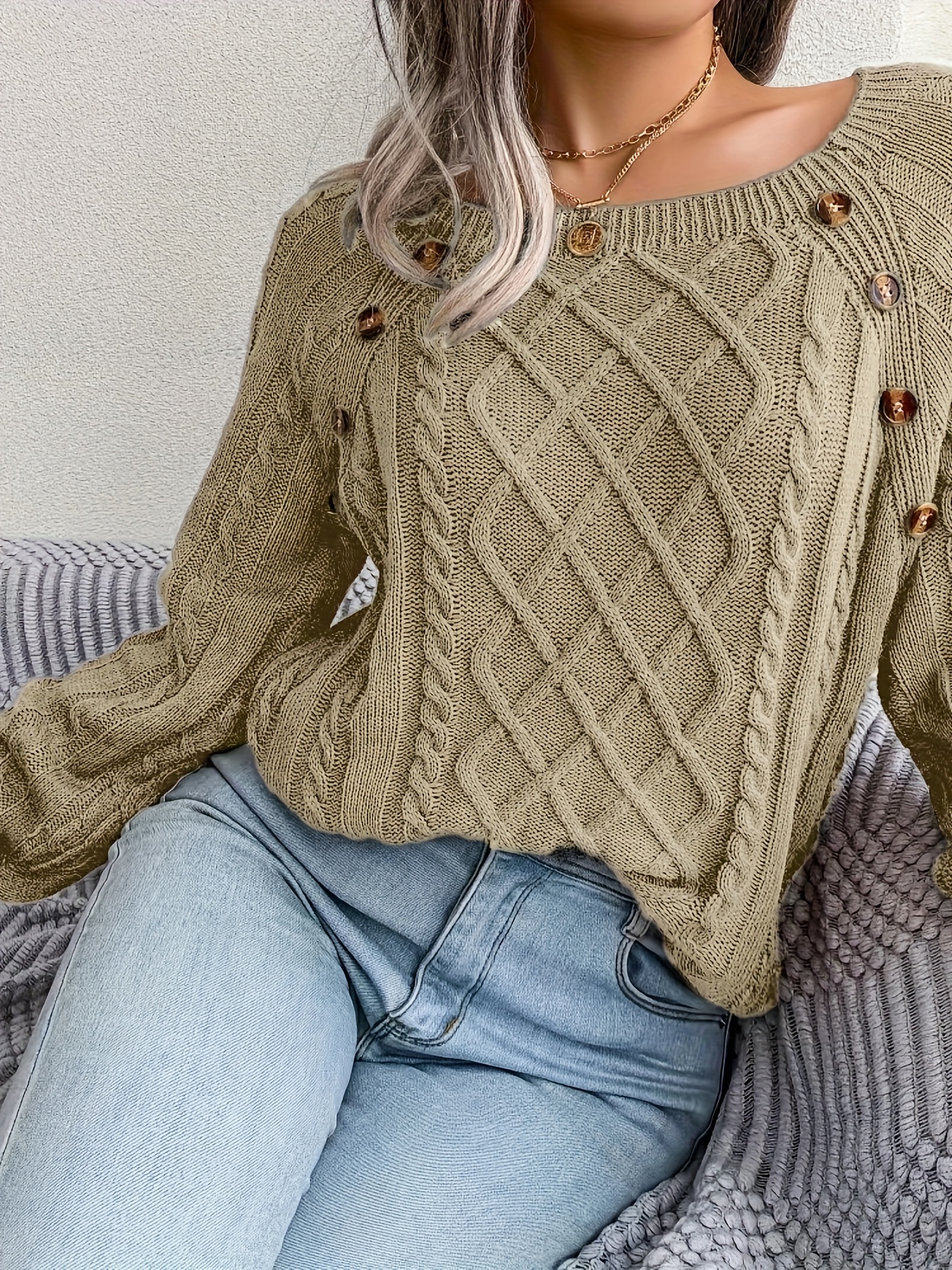 solid cable knit sweater casual crew neck long sleeve sweater womens clothing details 24