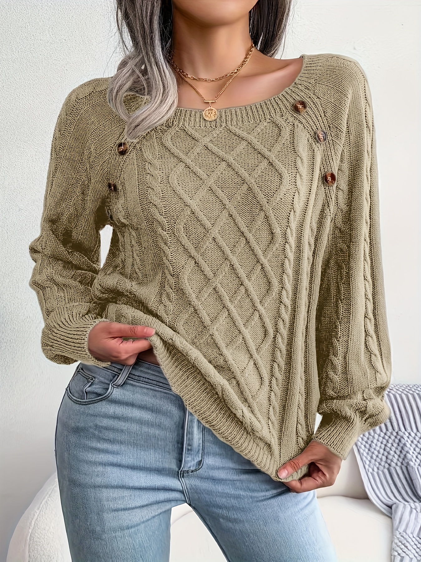 solid cable knit sweater casual crew neck long sleeve sweater womens clothing details 26