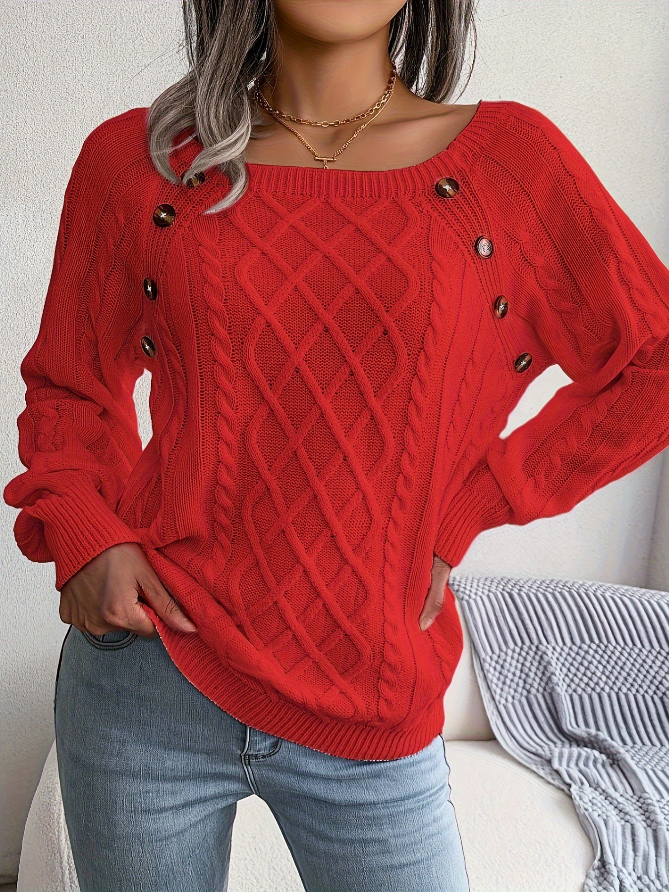 solid cable knit sweater casual crew neck long sleeve sweater womens clothing details 28