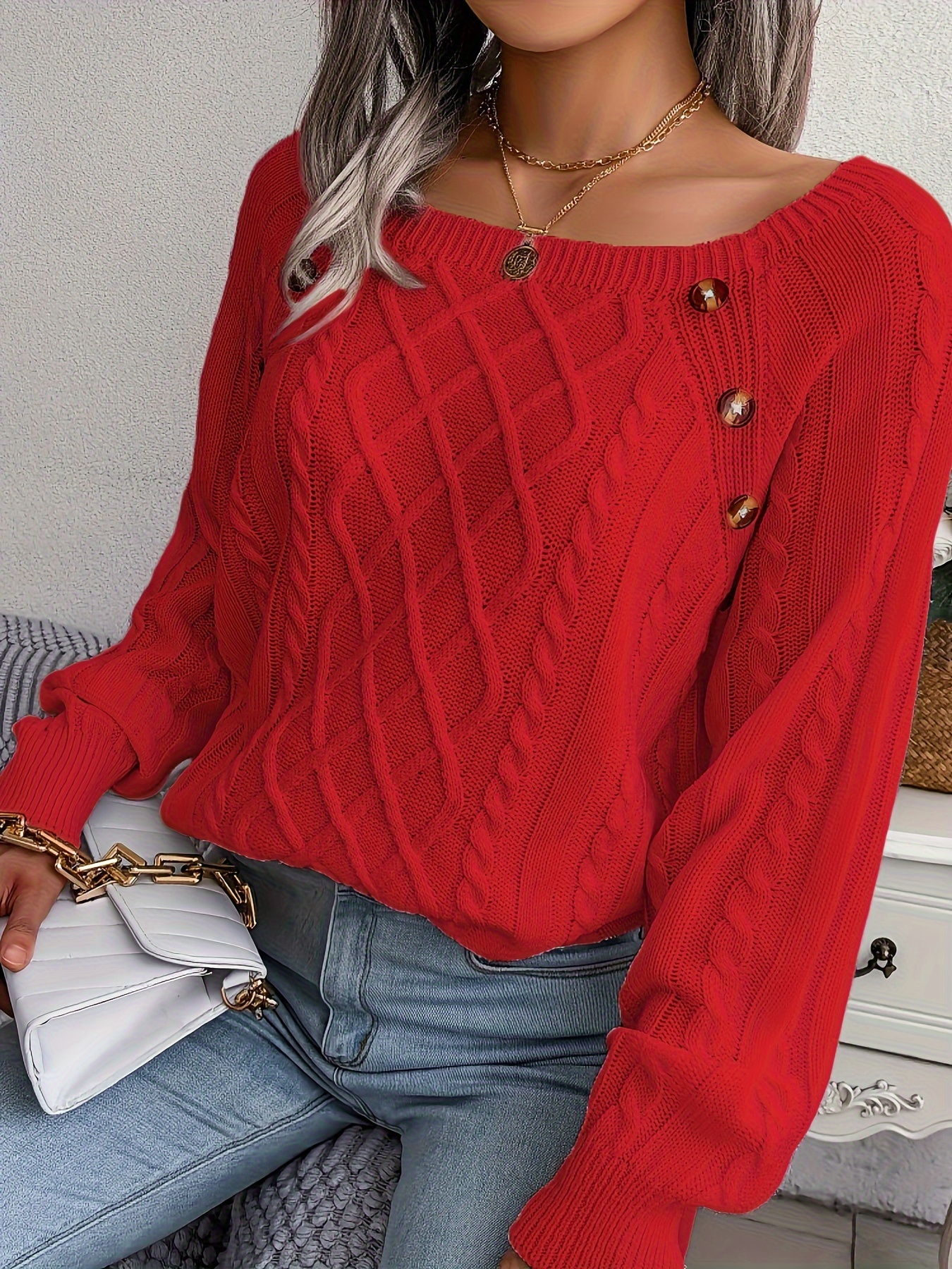 solid cable knit sweater casual crew neck long sleeve sweater womens clothing details 29