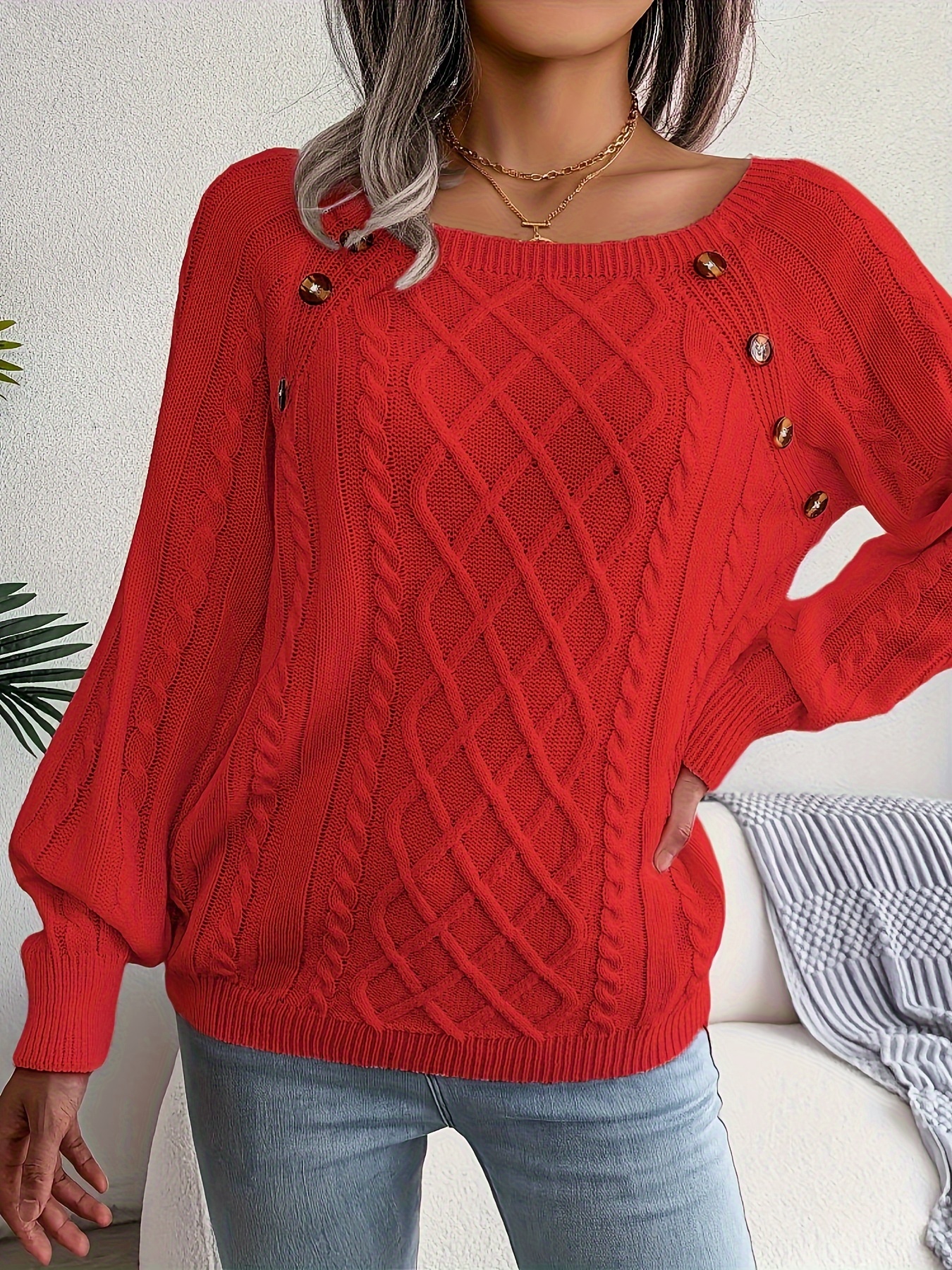 solid cable knit sweater casual crew neck long sleeve sweater womens clothing details 30