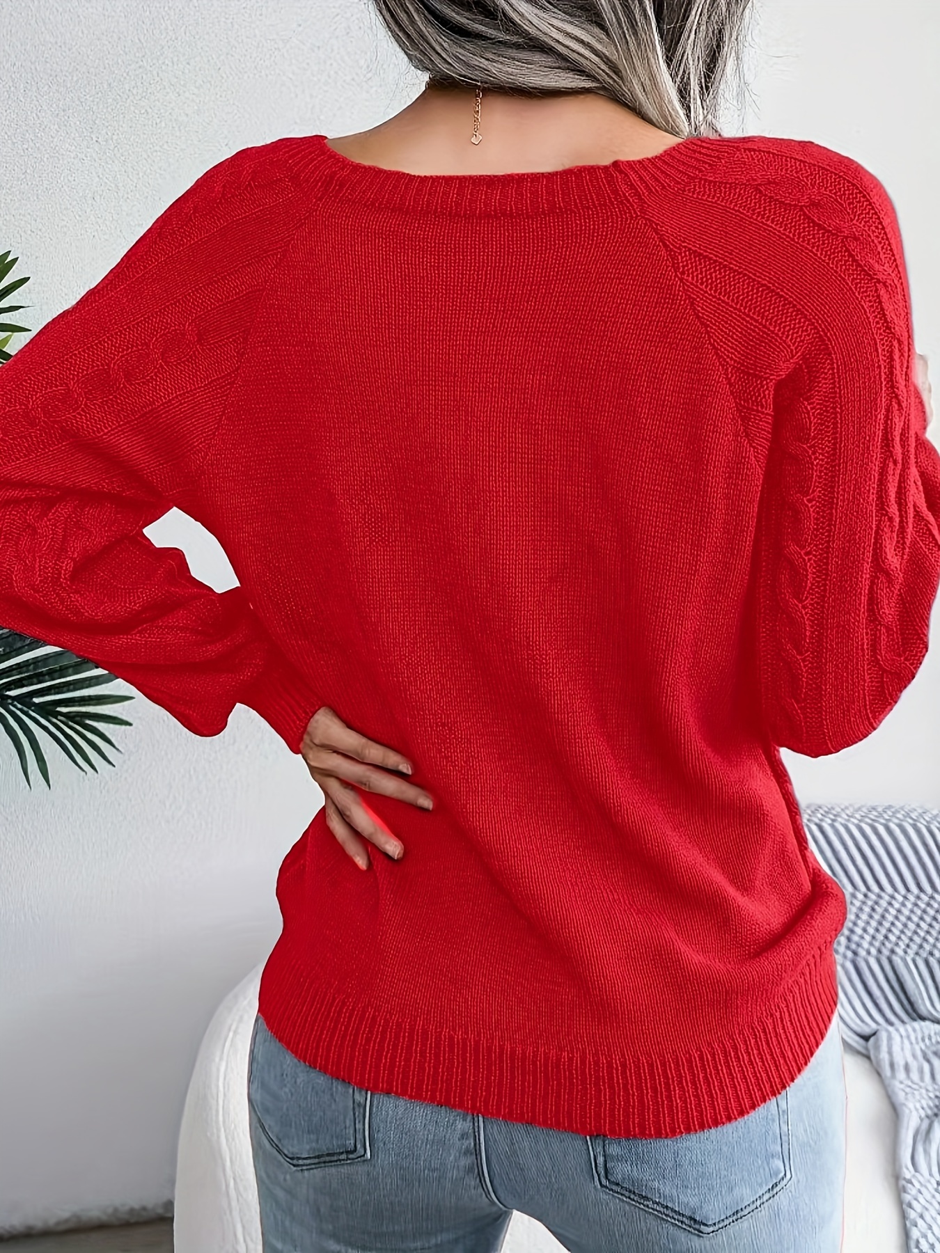 solid cable knit sweater casual crew neck long sleeve sweater womens clothing details 31