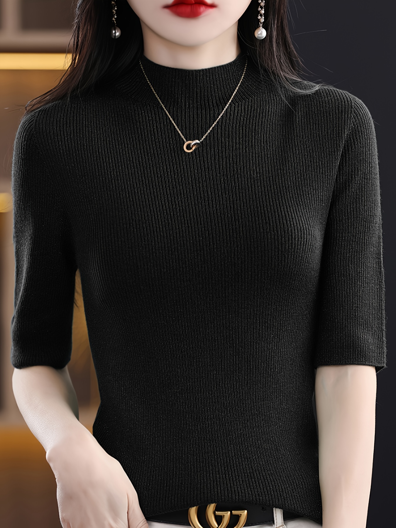 solid mock neck knitted top casual short sleeve slim sweater womens clothing details 0