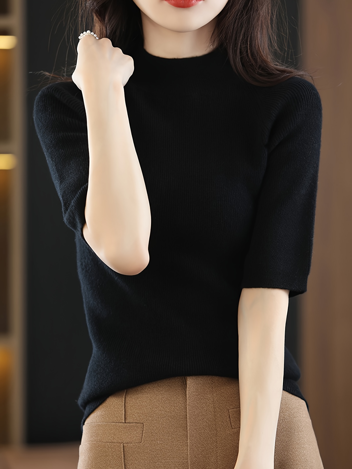 solid mock neck knitted top casual short sleeve slim sweater womens clothing details 3