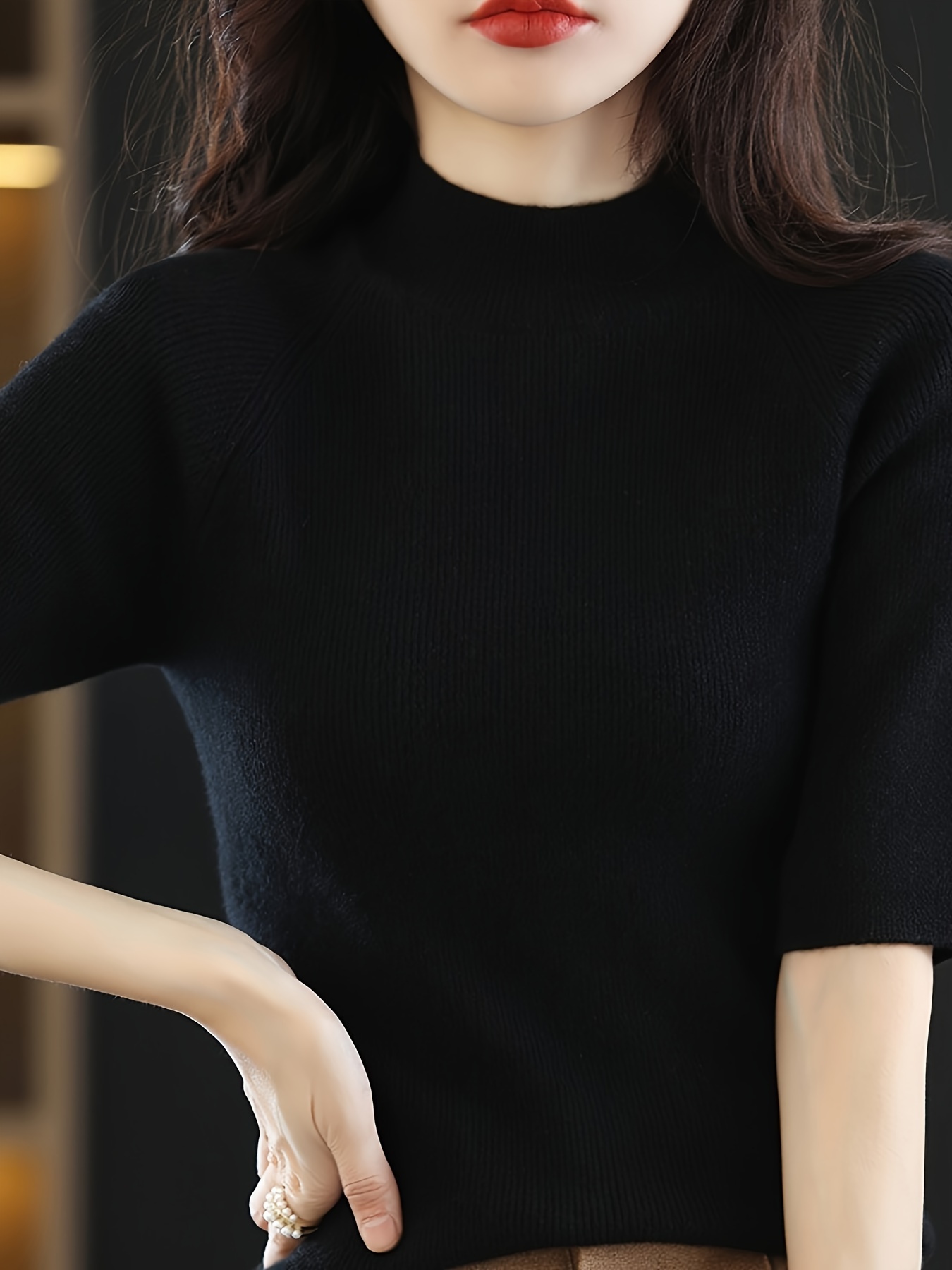 solid mock neck knitted top casual short sleeve slim sweater womens clothing details 4