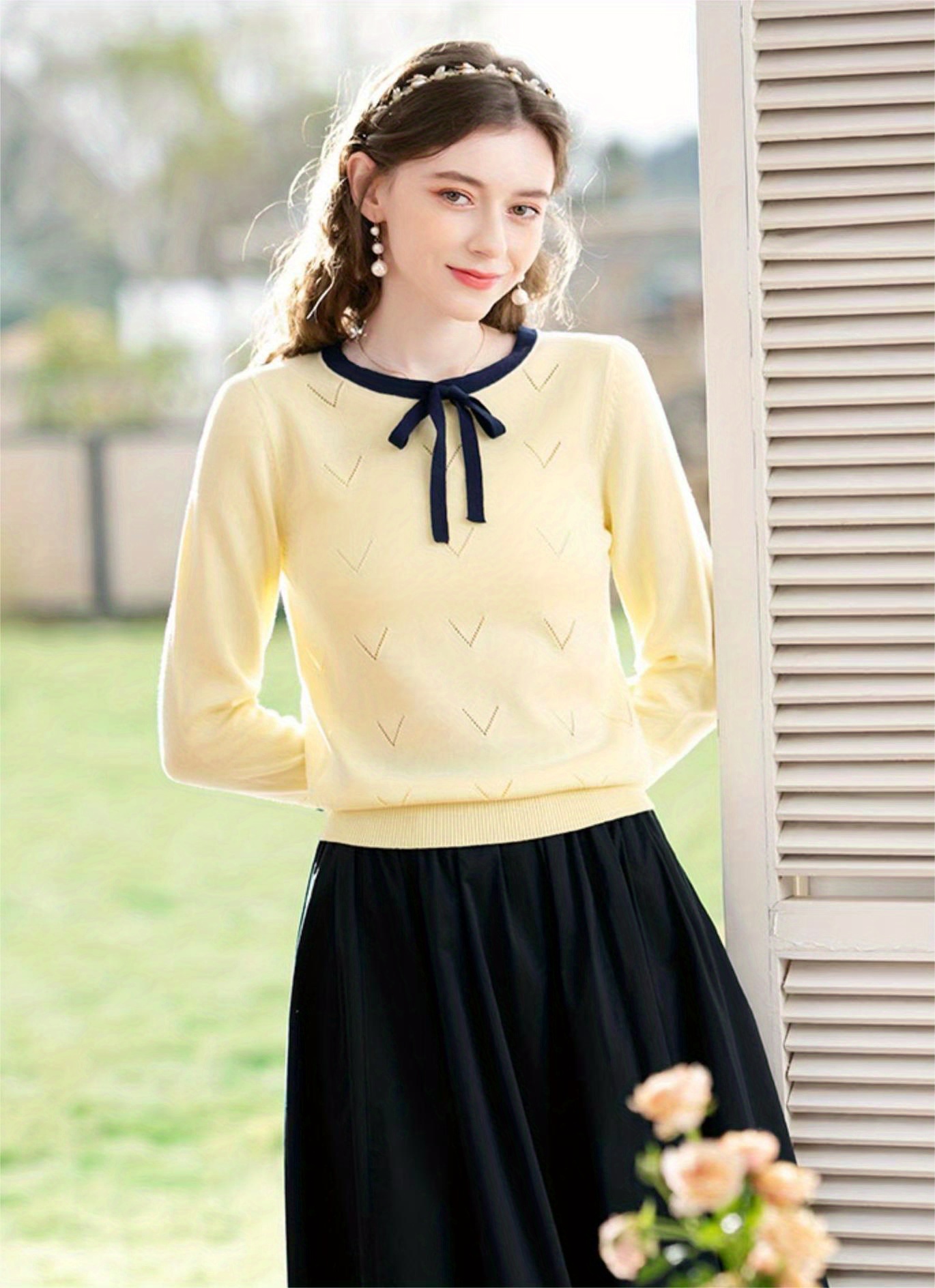 bow tie 3 4 sleeve knit sweater elegant crew neck eyelet comfy sweater for spring summer womens clothing details 1