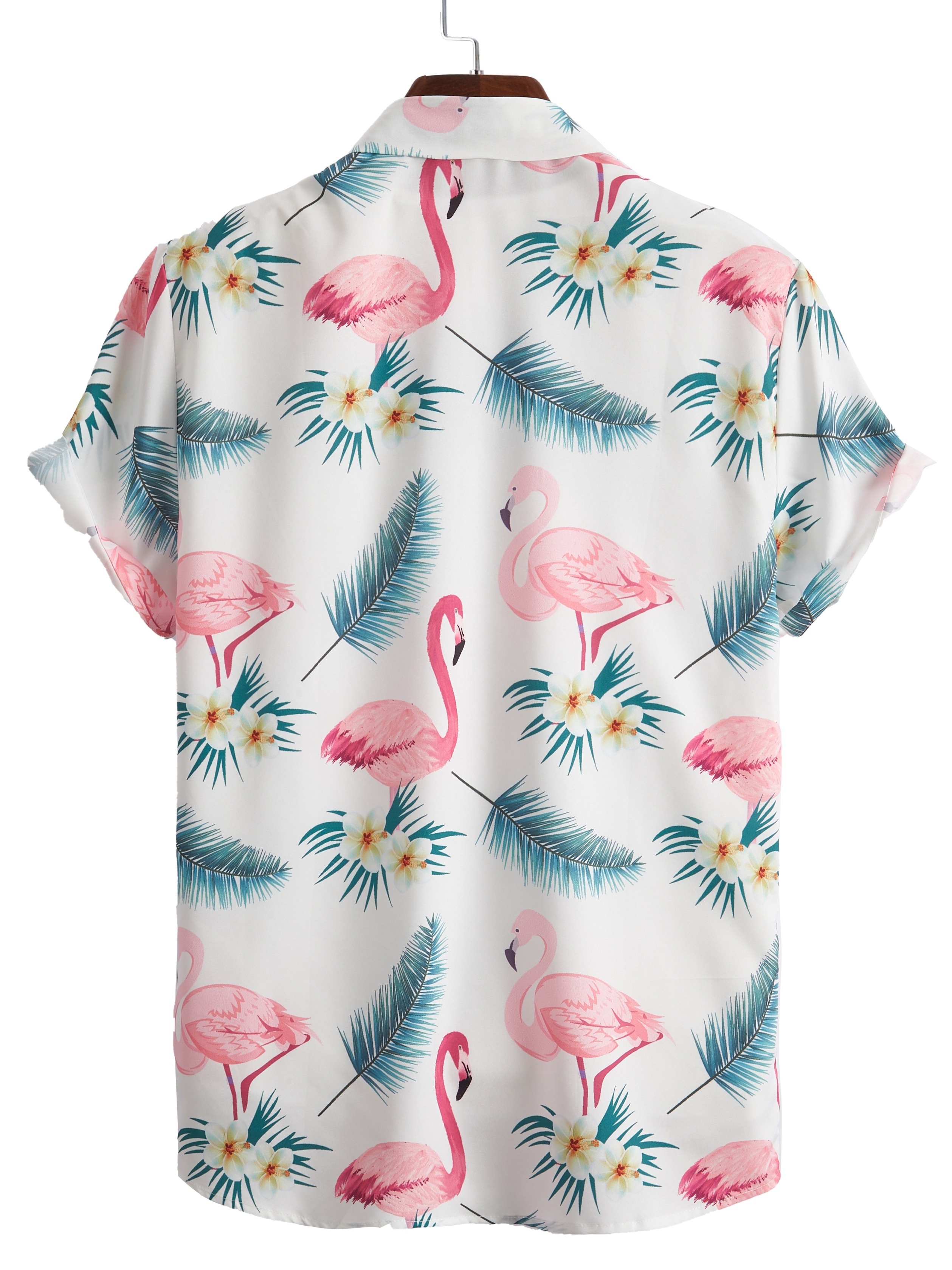 bohemian style flamingo leaf print mens short sleeve lapel shirt summer beach vacation details 1