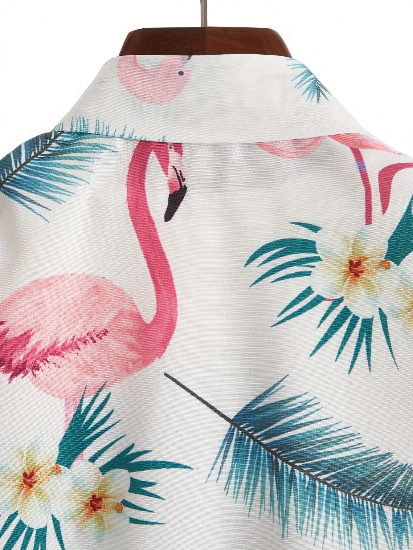 bohemian style flamingo leaf print mens short sleeve lapel shirt summer beach vacation details 2