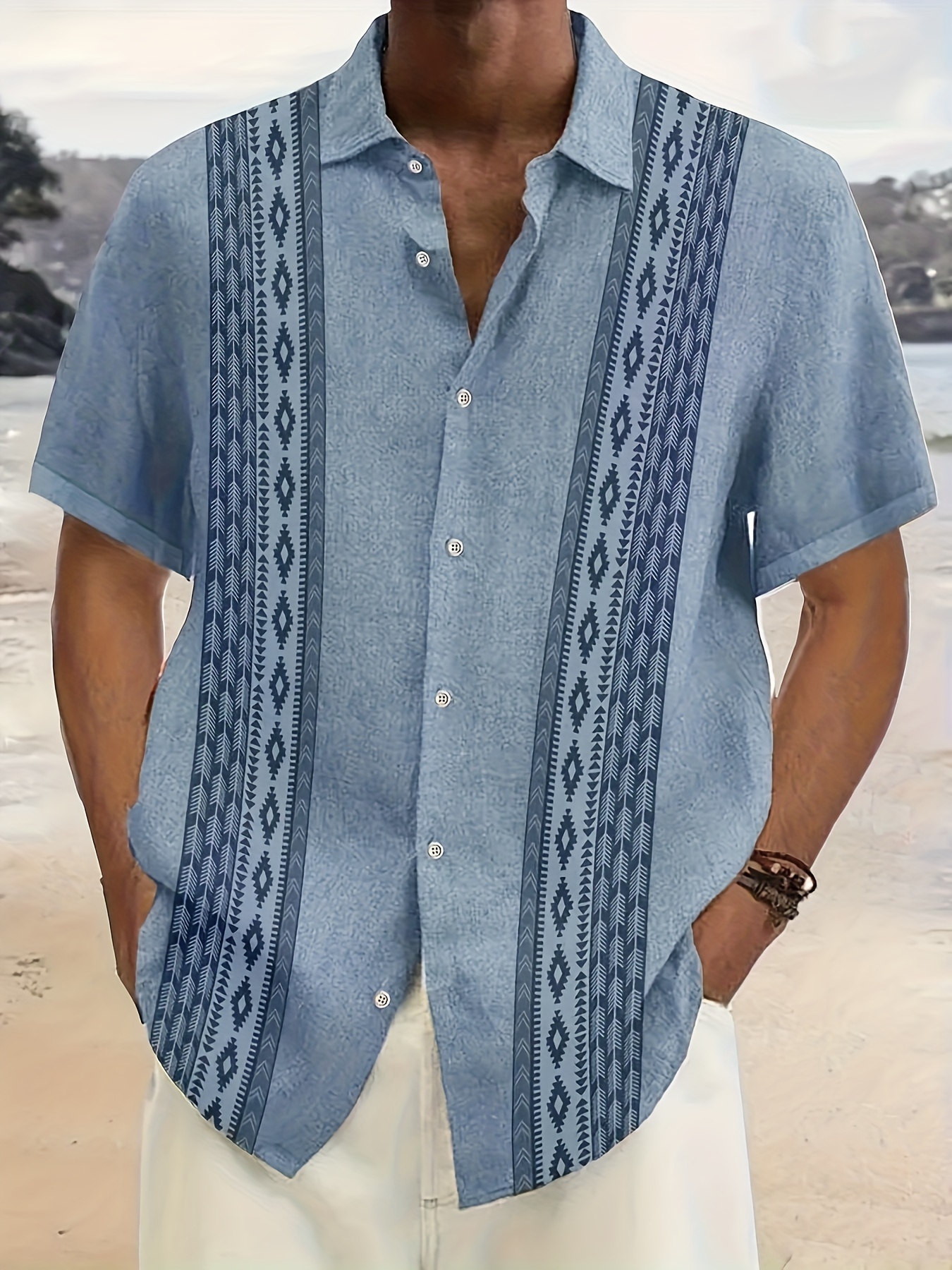 vintage style mens creative print short sleeve button down shirt summer holiday details 0