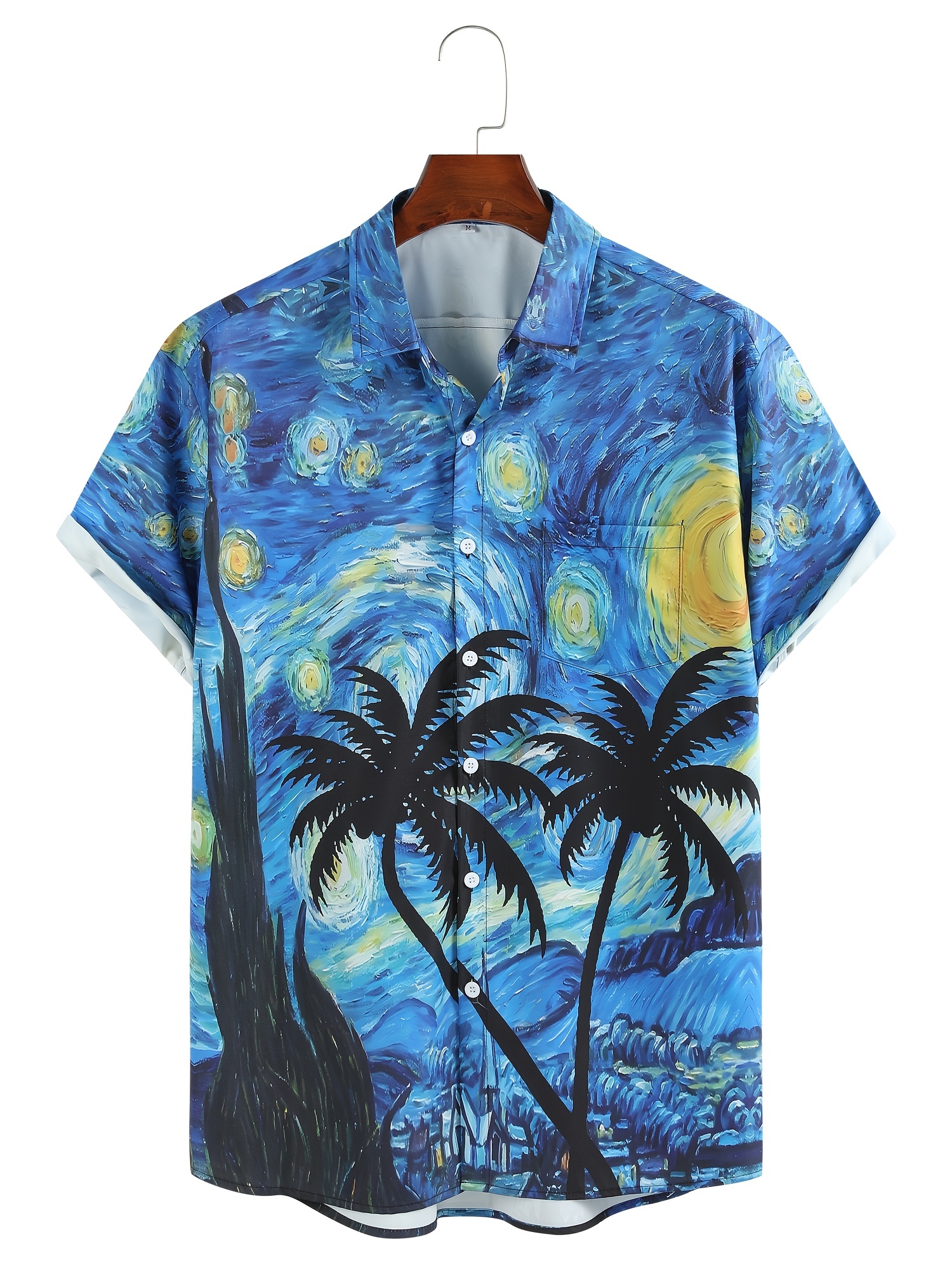 mens starry night print lapel button up casual short sleeve shirts men clothes for summer details 16