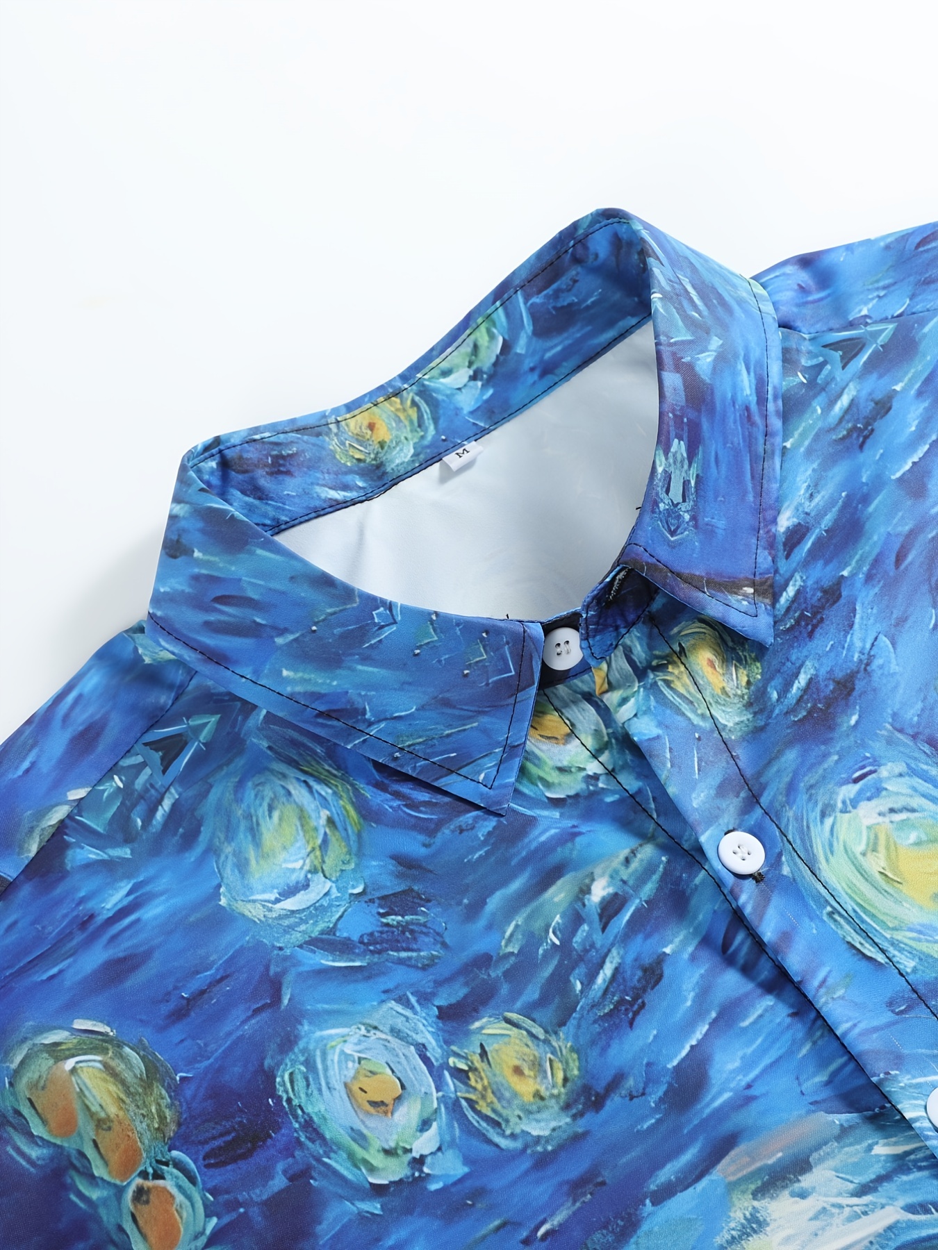 mens starry night print lapel button up casual short sleeve shirts men clothes for summer details 18