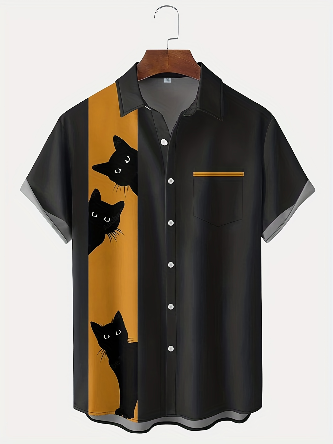 halloween black cats print color block mens summer short sleeve lapel shirt with chest pocket details 3