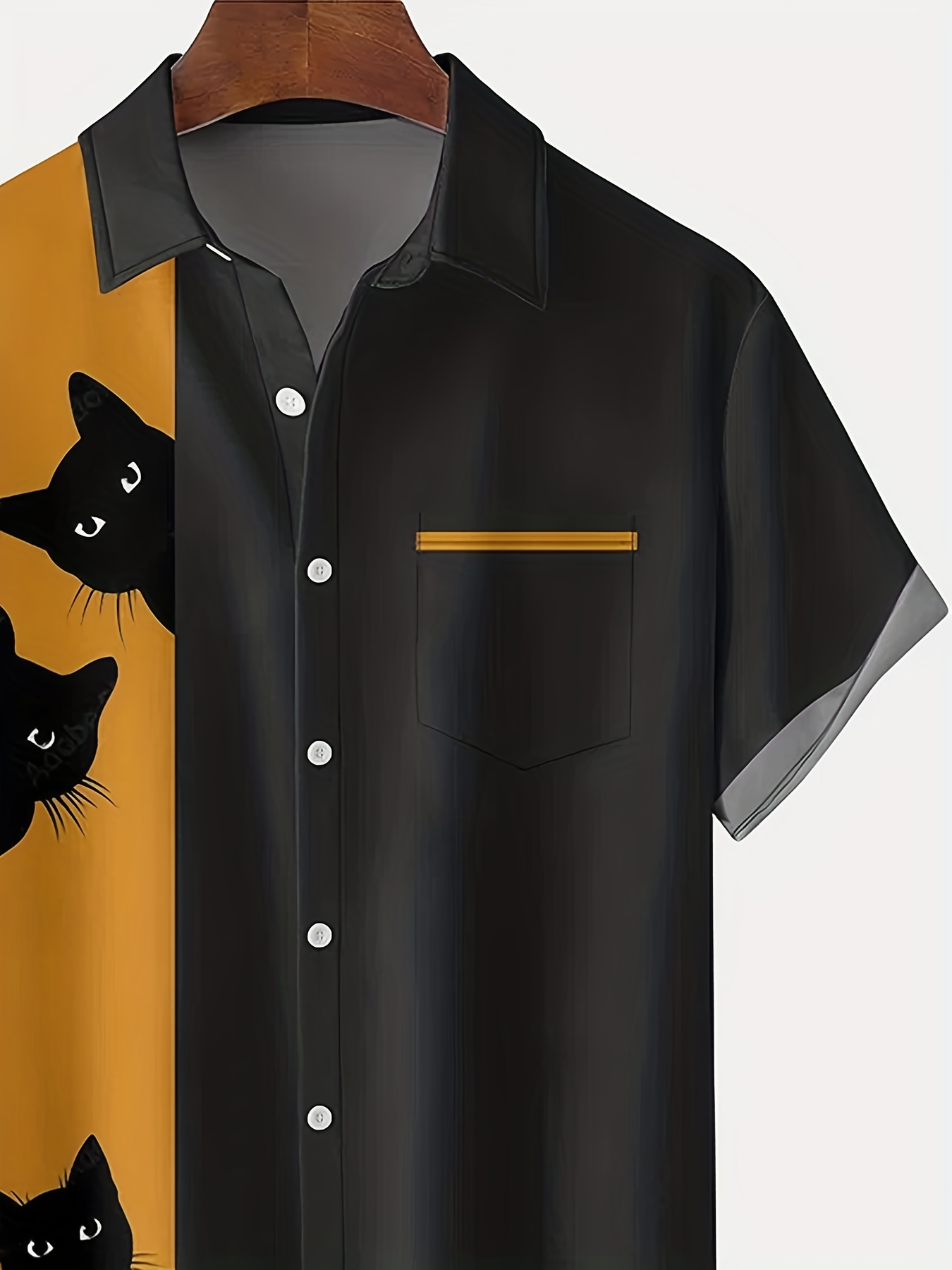 halloween black cats print color block mens summer short sleeve lapel shirt with chest pocket details 4