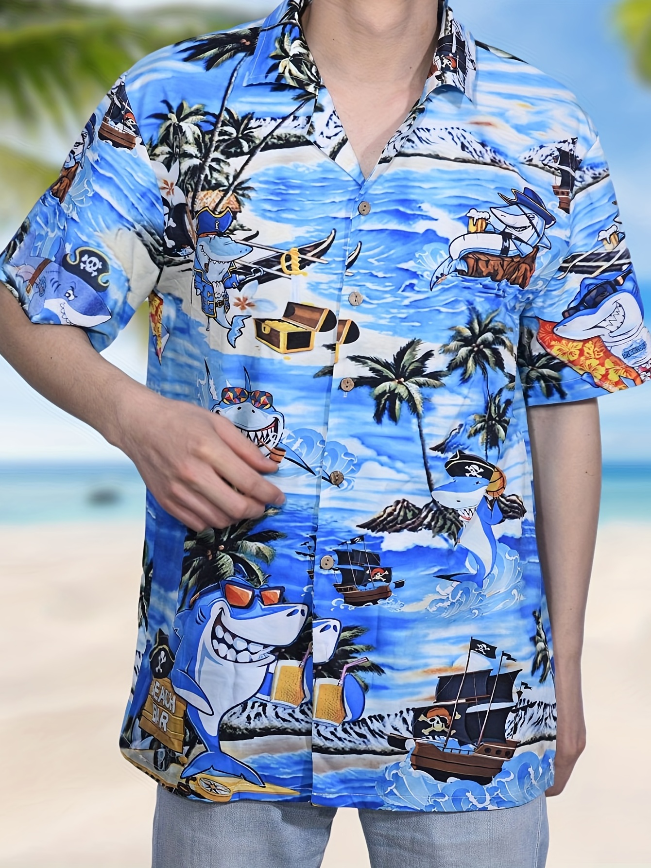 funny flamingo cowboy other pattern all over print mens casual short sleeve hawaiian shirt mens shirt for summer vacation resort details 35