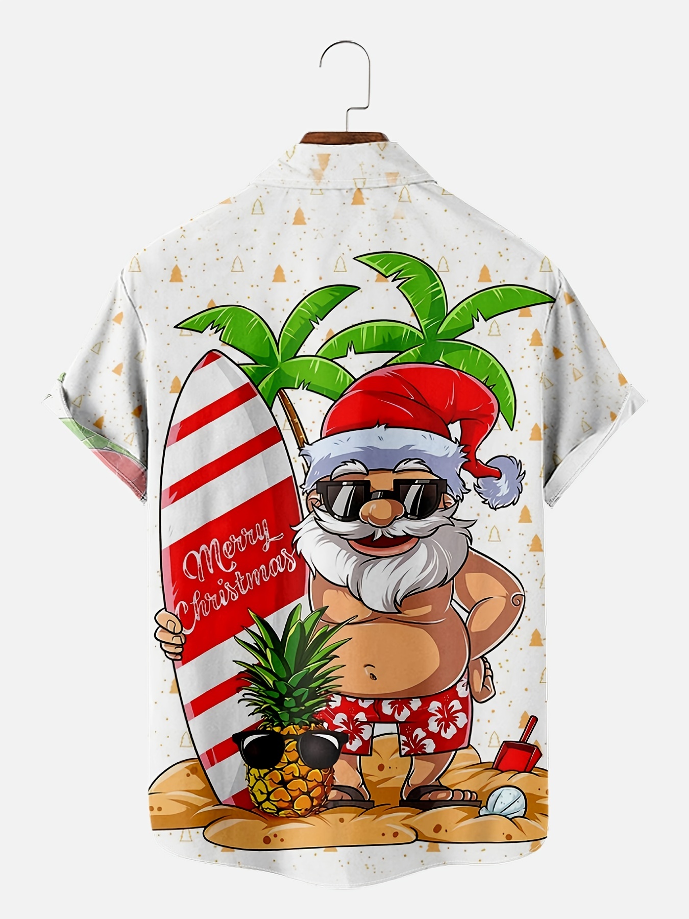 surf santa creative cartoon pattern mens short sleeve lapel hawaiian shirt for summer beach vacation details 0