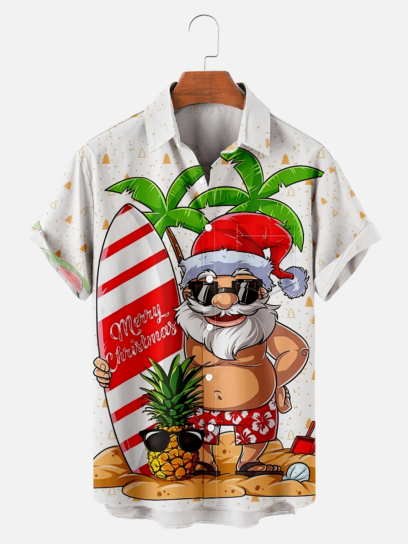 surf santa creative cartoon pattern mens short sleeve lapel hawaiian shirt for summer beach vacation details 1