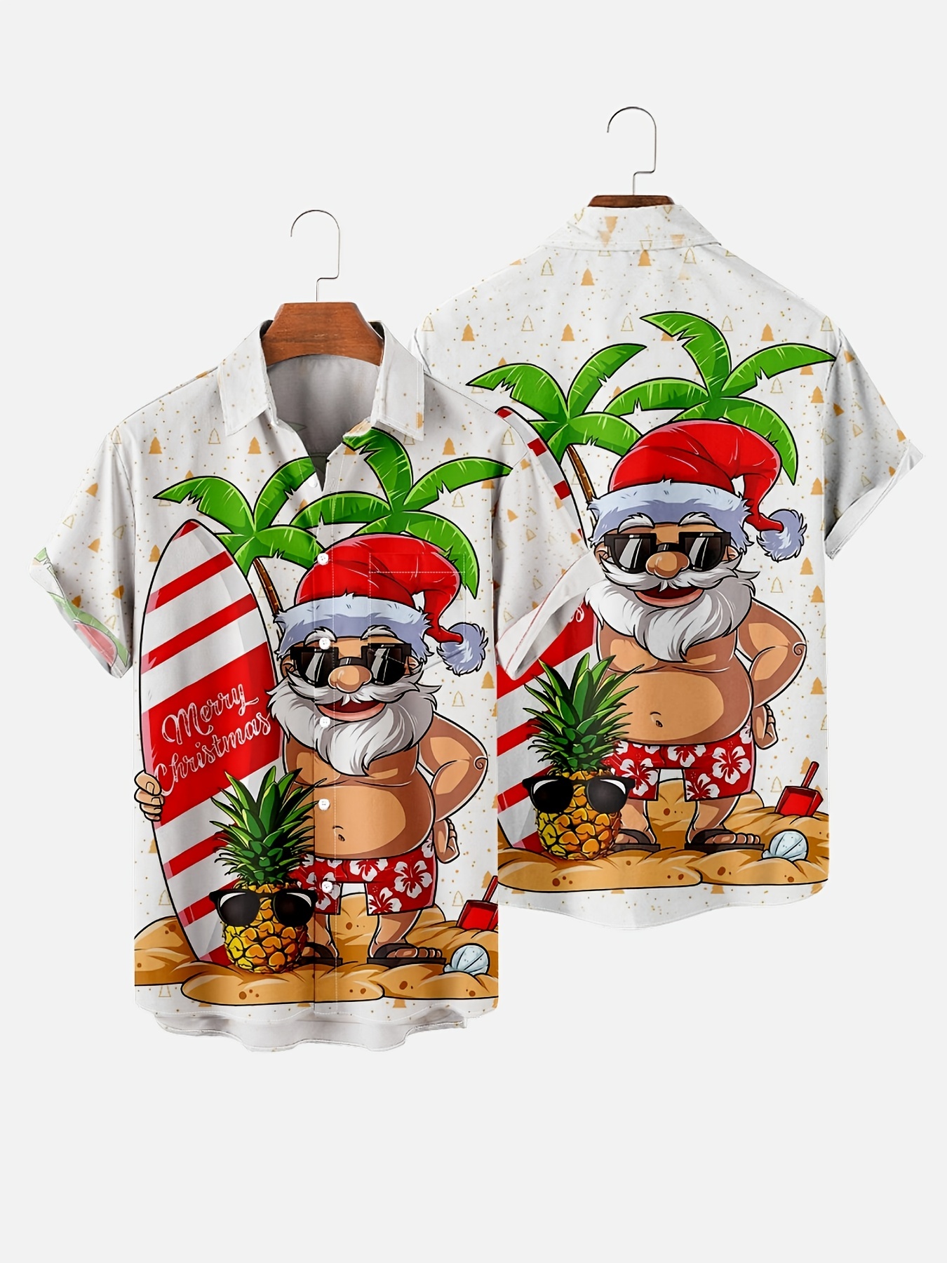 surf santa creative cartoon pattern mens short sleeve lapel hawaiian shirt for summer beach vacation details 3