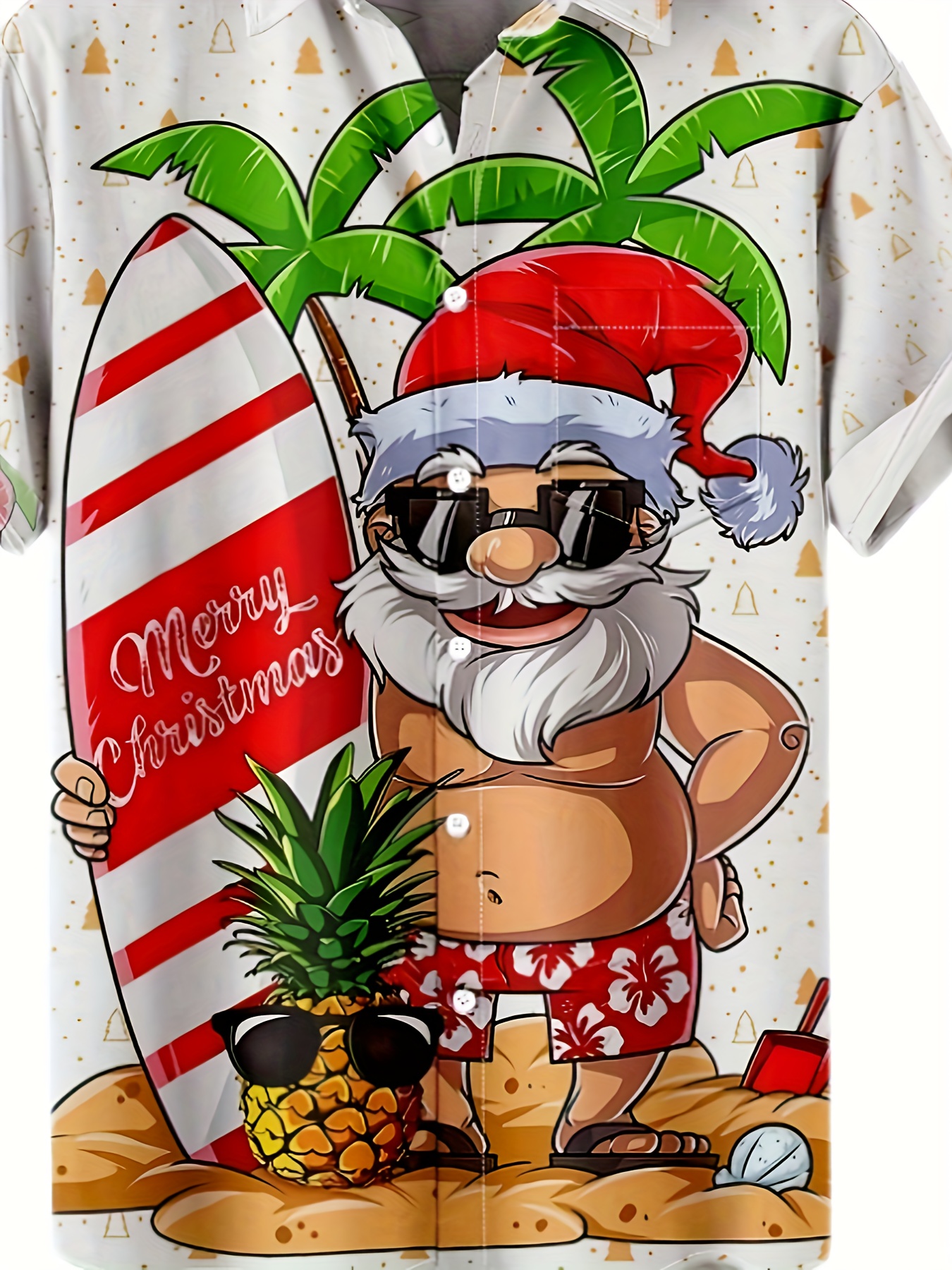 surf santa creative cartoon pattern mens short sleeve lapel hawaiian shirt for summer beach vacation details 4