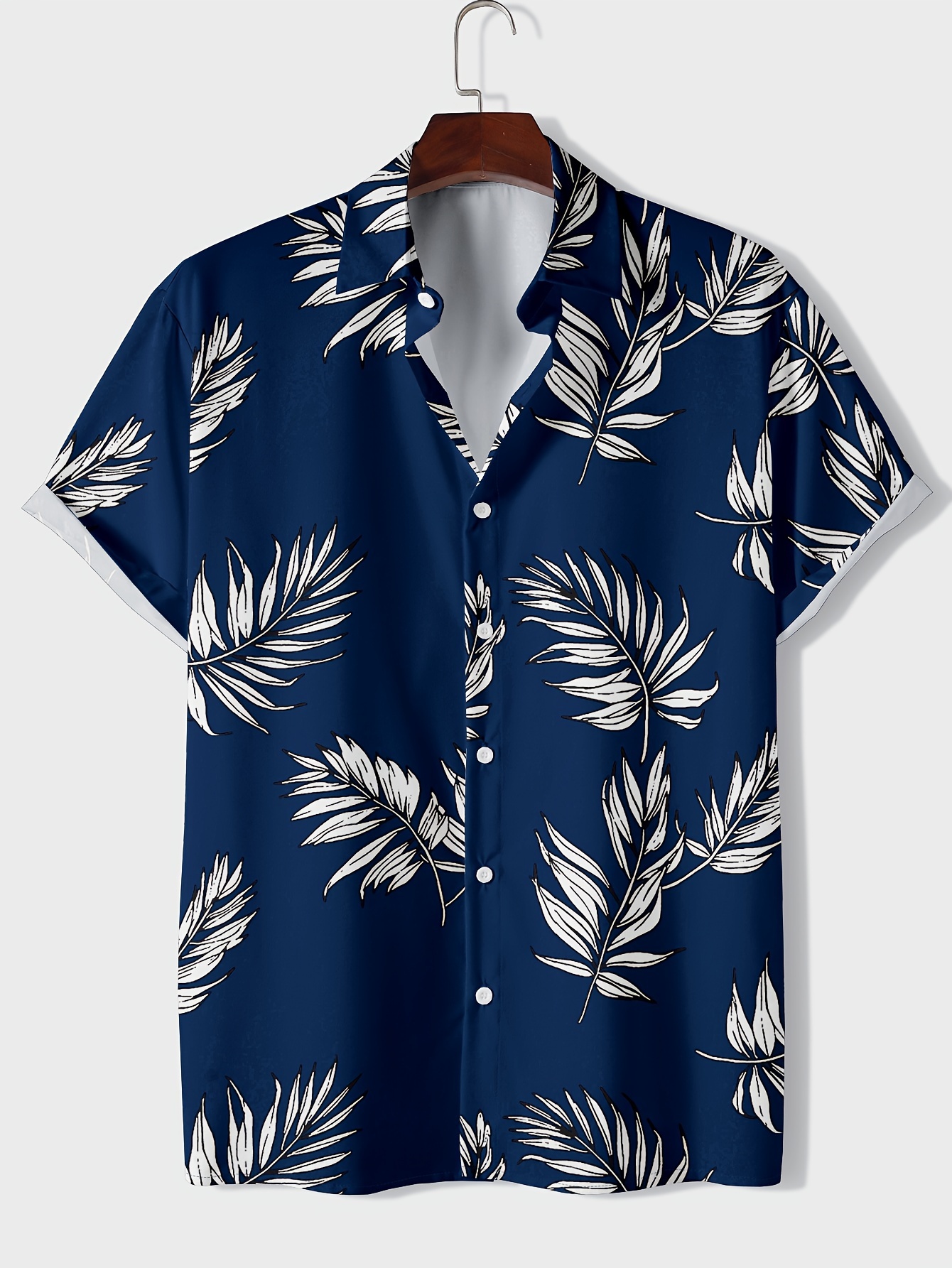 leaf random print mens trendy short sleeve lapel hawaiian shirt summer resort vacation details 1