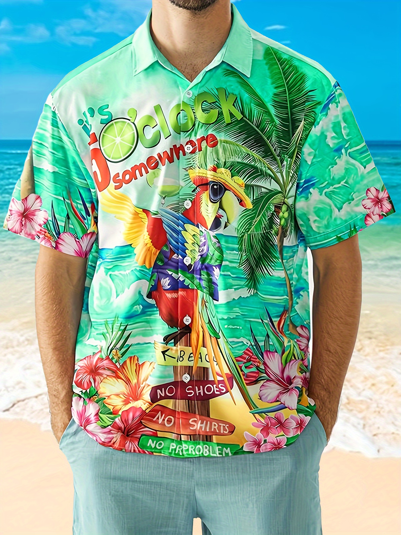 beach style parrot 3d print mens short sleeve casual hawaiian shirt for summer vacation details 2