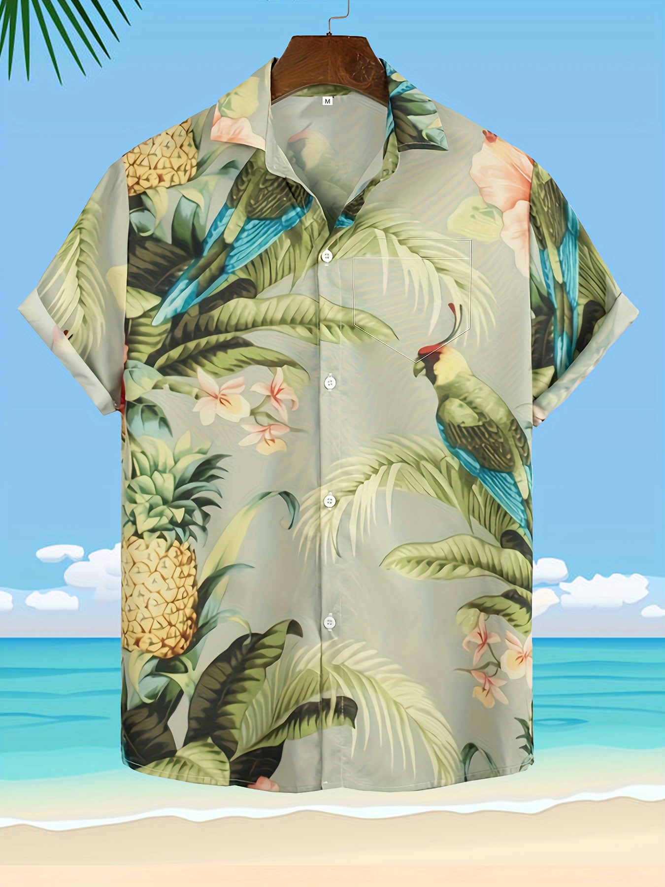 beach style parrot 3d print mens short sleeve casual hawaiian shirt for summer vacation details 5