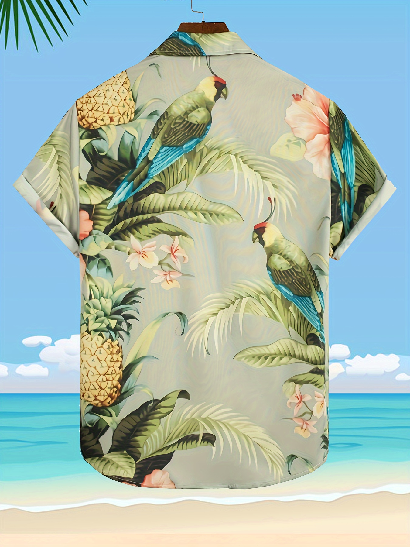 beach style parrot 3d print mens short sleeve casual hawaiian shirt for summer vacation details 6