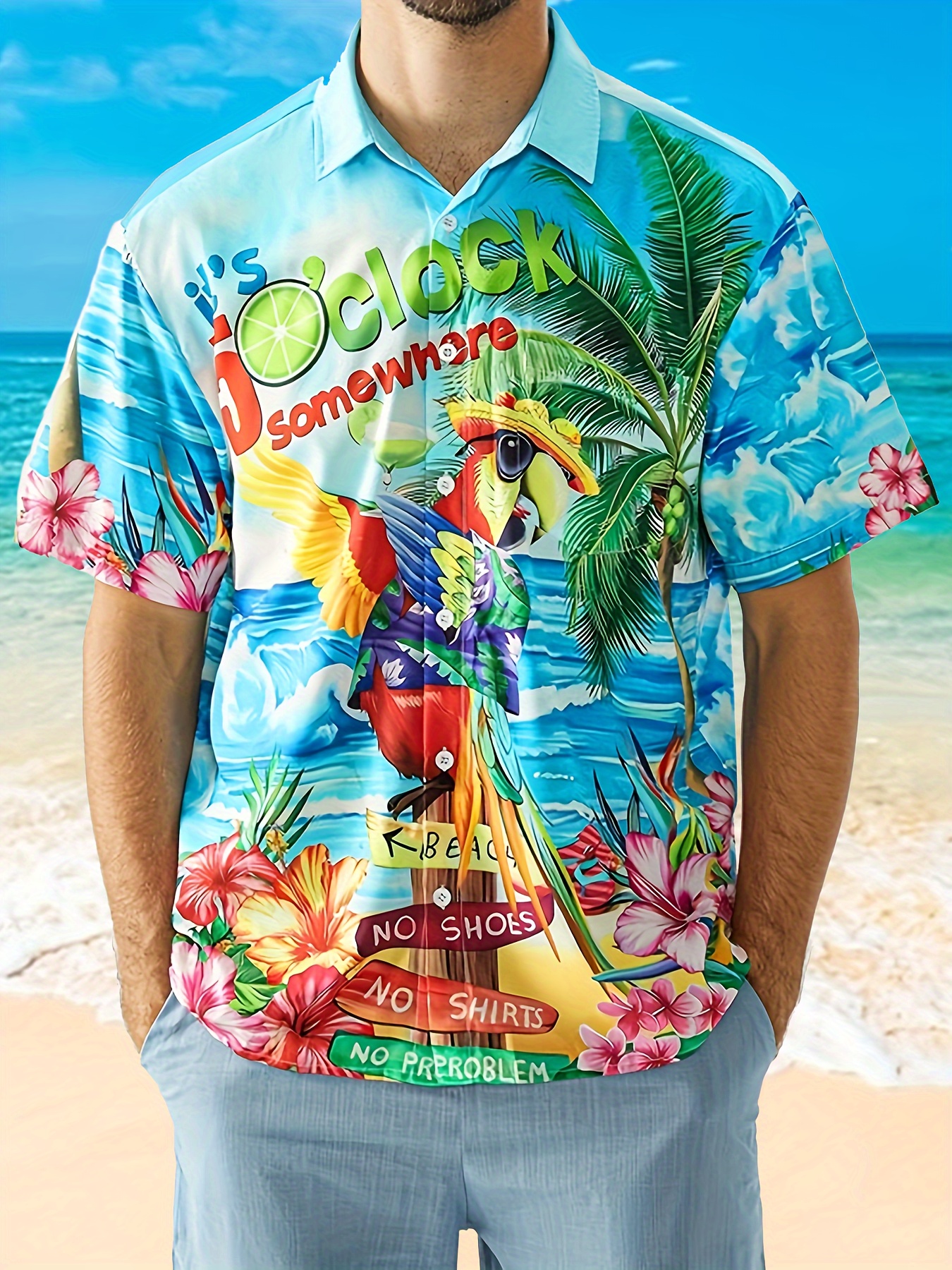 beach style parrot 3d print mens short sleeve casual hawaiian shirt for summer vacation details 11