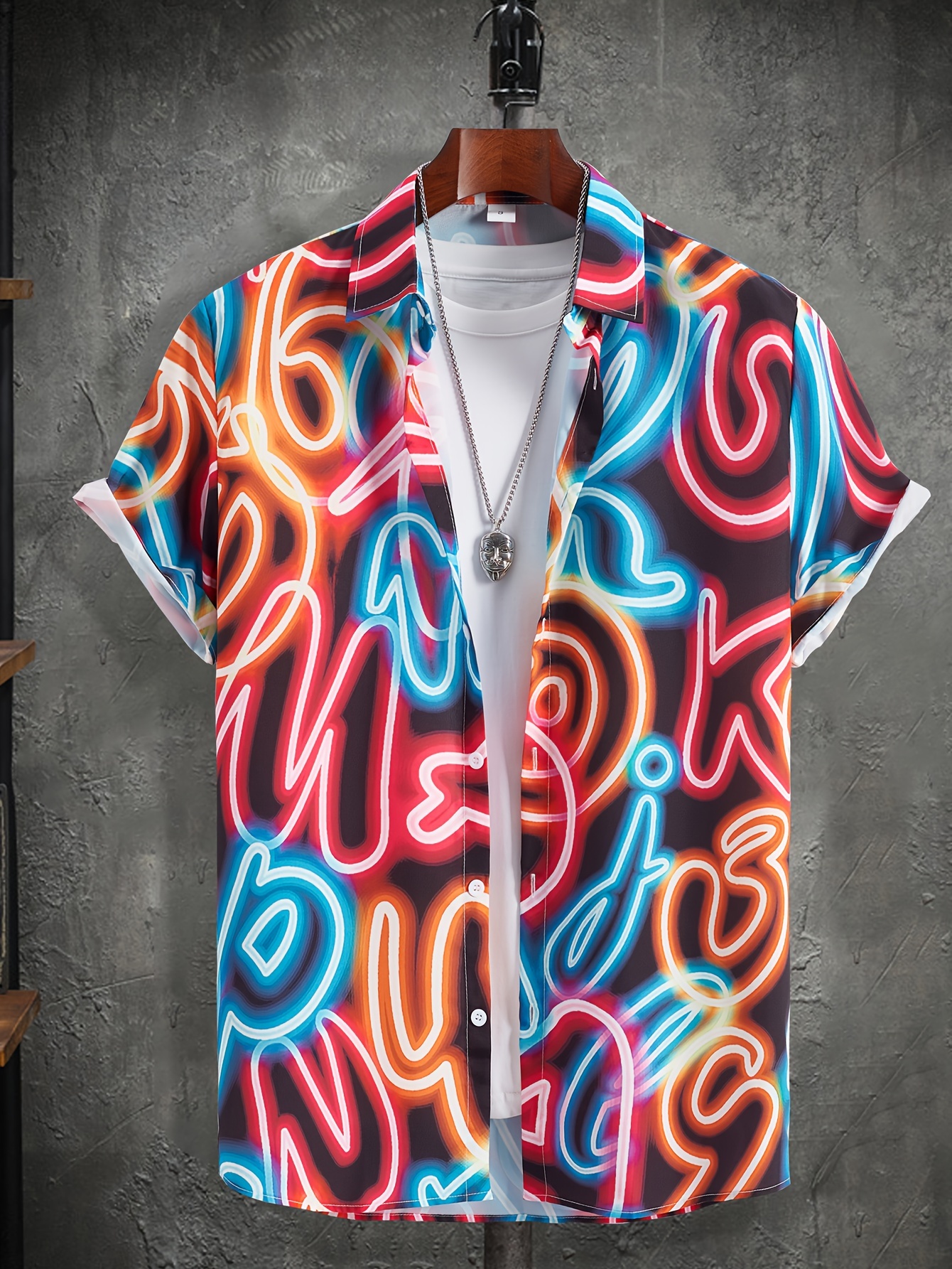 trendy neon style print mens casual short sleeve shirt mens shirt for summer vacation resort tops for men details 12