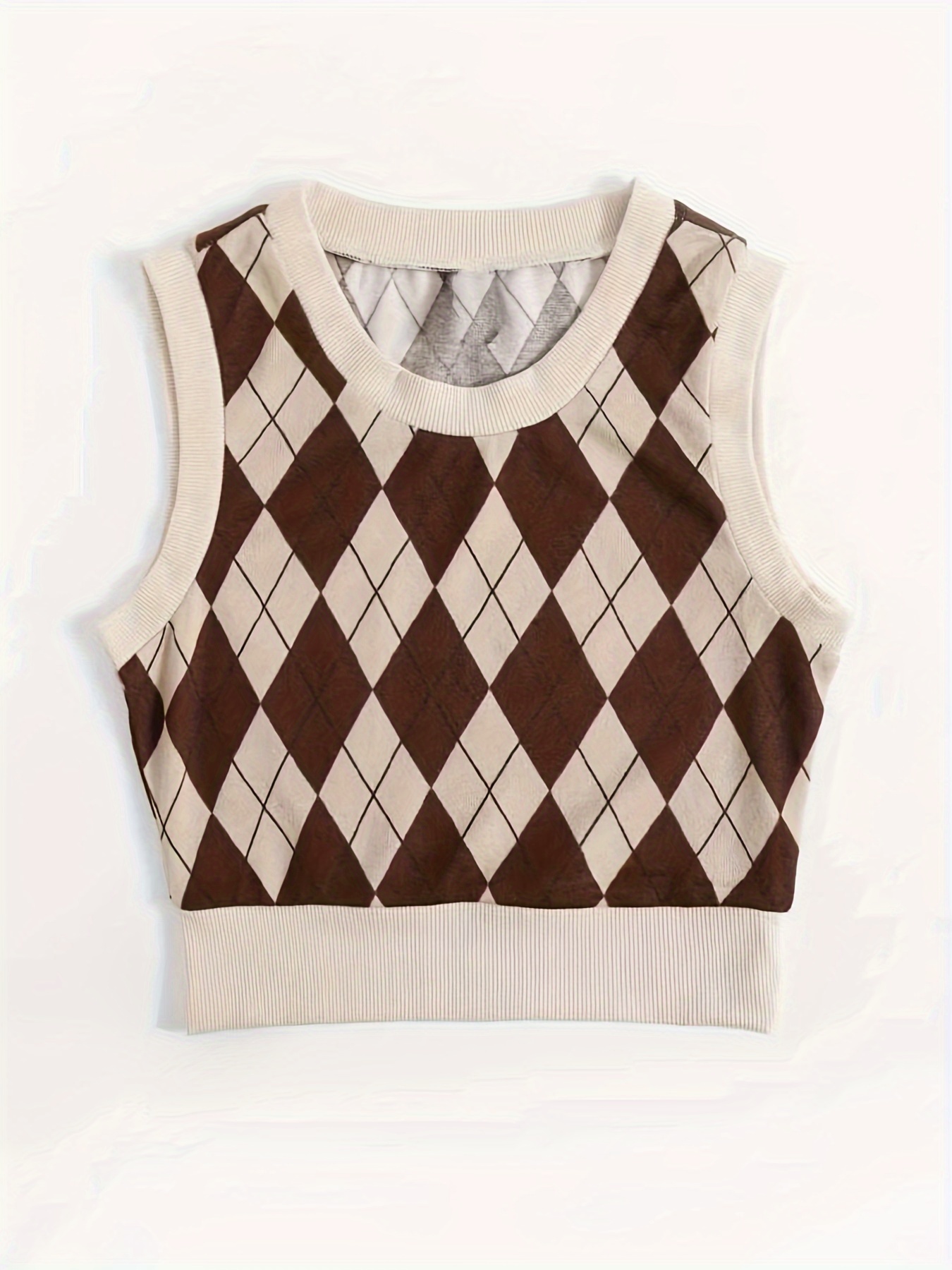 Argyle Pattern Crew Neck Top, Thin Sleeveless Tank Top For Spring & Summer, Women's Clothing