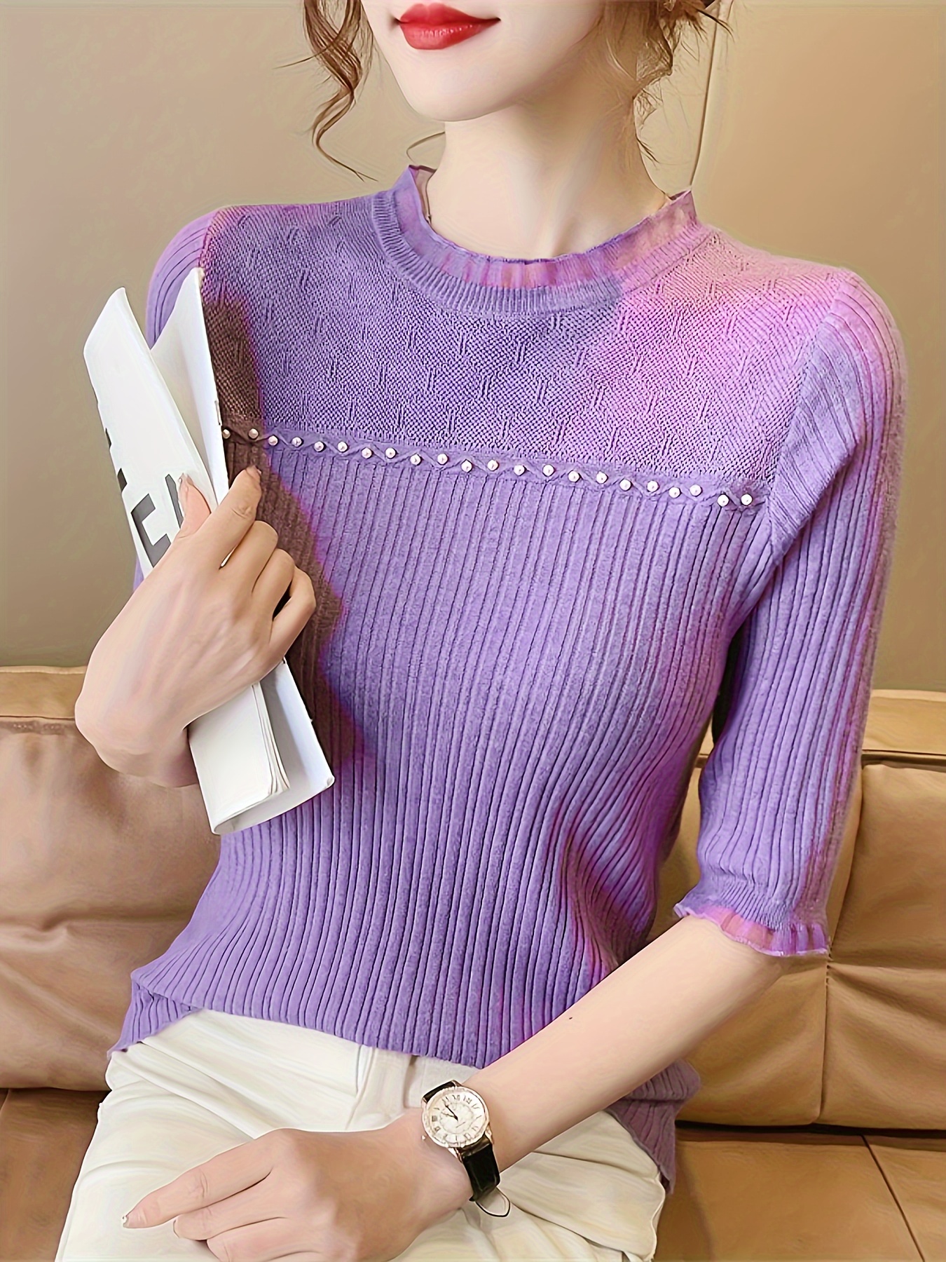 Beaded Lace Trin Knitted Top, Casual Short Sleeve Slim Sweater For Spring & Summer, Women's Clothing