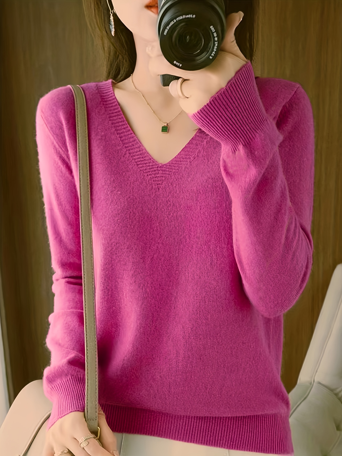 Valentine's Day Women's V-Neck Long Sleeve Knitted Sweater - Elegant and Casual Top