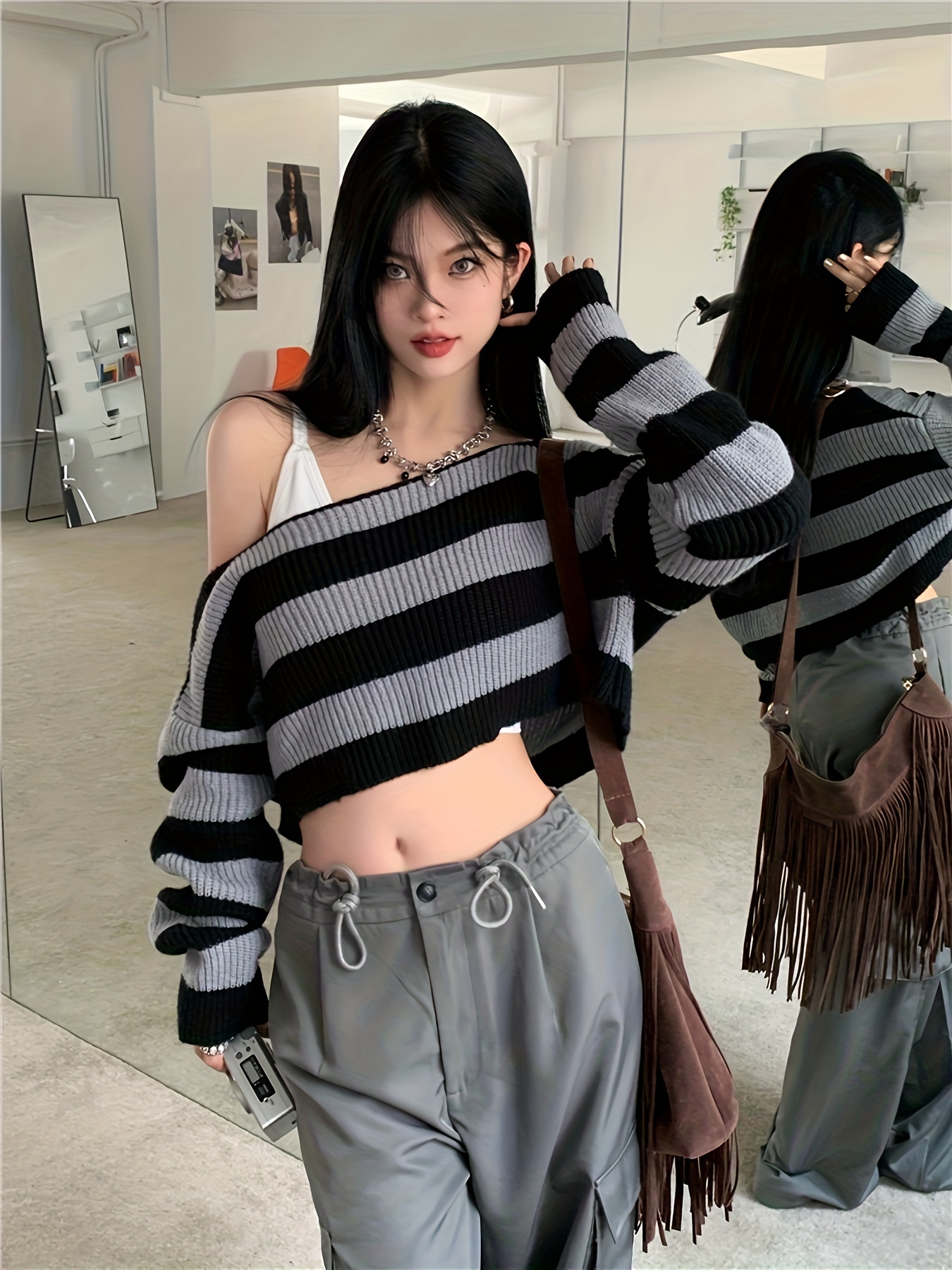 Striped Off Shoulder Knitted Top, Casual Long Sleeve Crop Sweater For Spring & Fall, Women's Clothing
